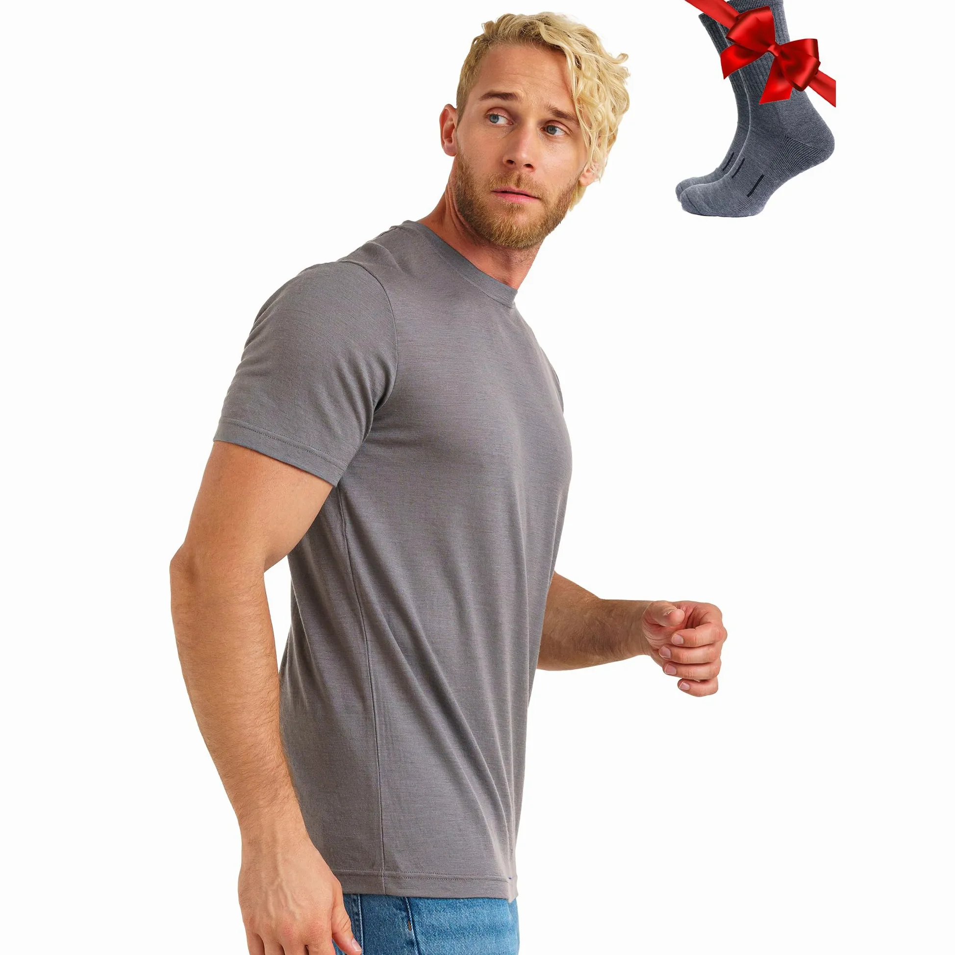 Merino.tech Camiseta Lana Merino Hombre - 100% Lana Merino con Calcetines (Large, Gray)