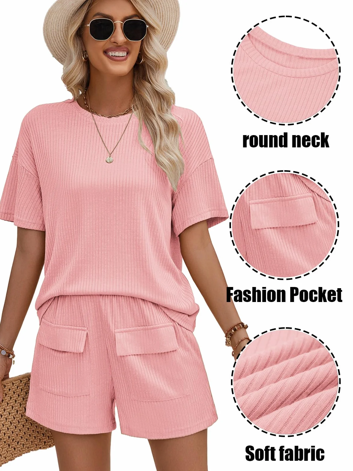 Rayson Chandal Mujer Chándal Completo 2 Piezas Verano Pantalones Cortos con Bolsillos y Cuello Redondo Top