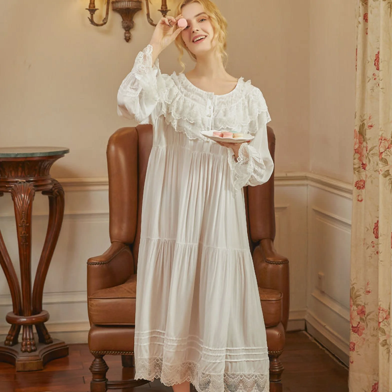 OFFSUM Camisón De Pijama De Mujer - Vestido De Encaje con Cuello Redondo Blanco Primavera Verano Elegante Camisón Vintage Princesa Ropa De Dormir Informal Bata De Novia De Gran Tamaño