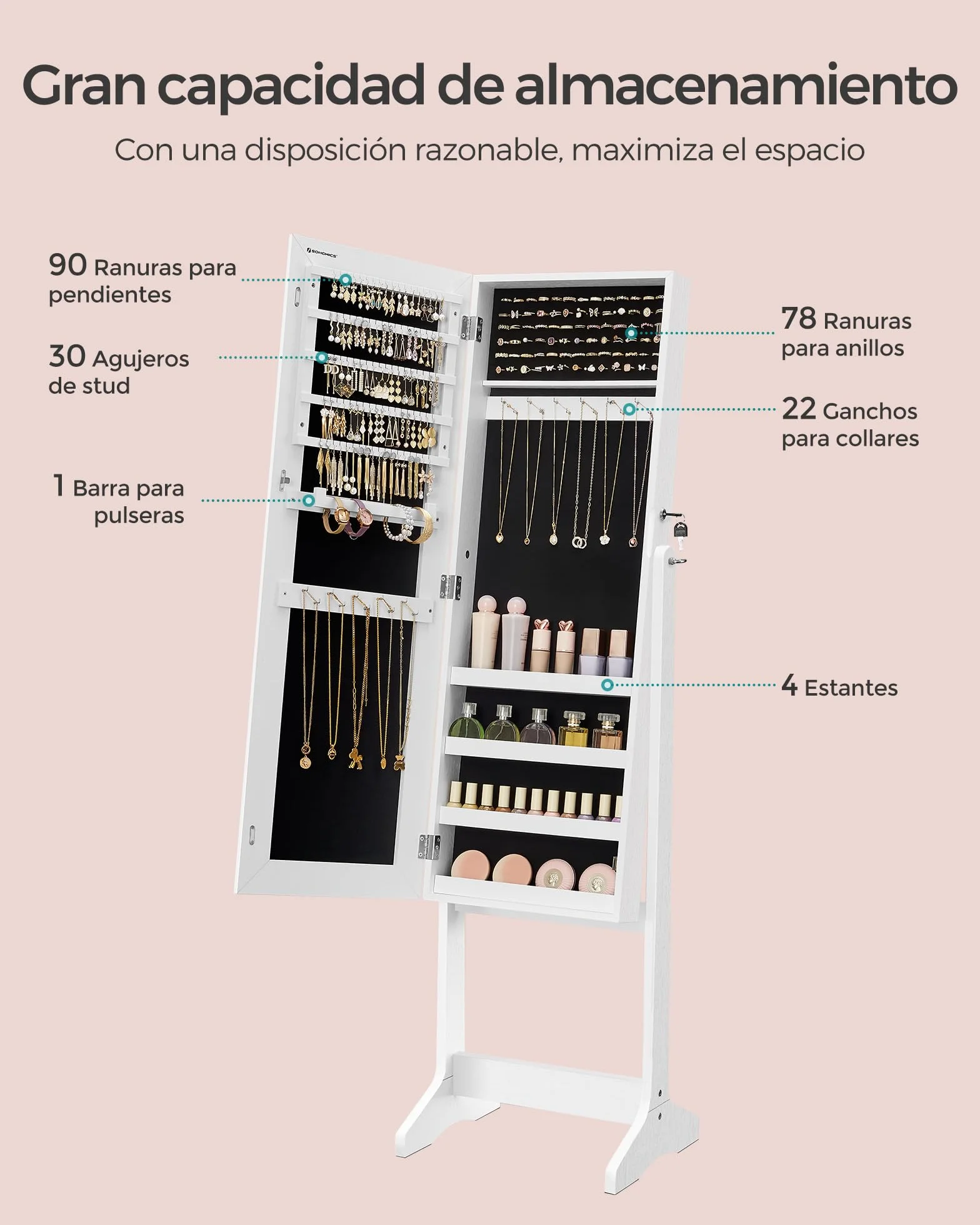 SONGMICS Armario Joyero Bloqueable Espejo Longitud Completa JJC69WT Blanco Forro Negro