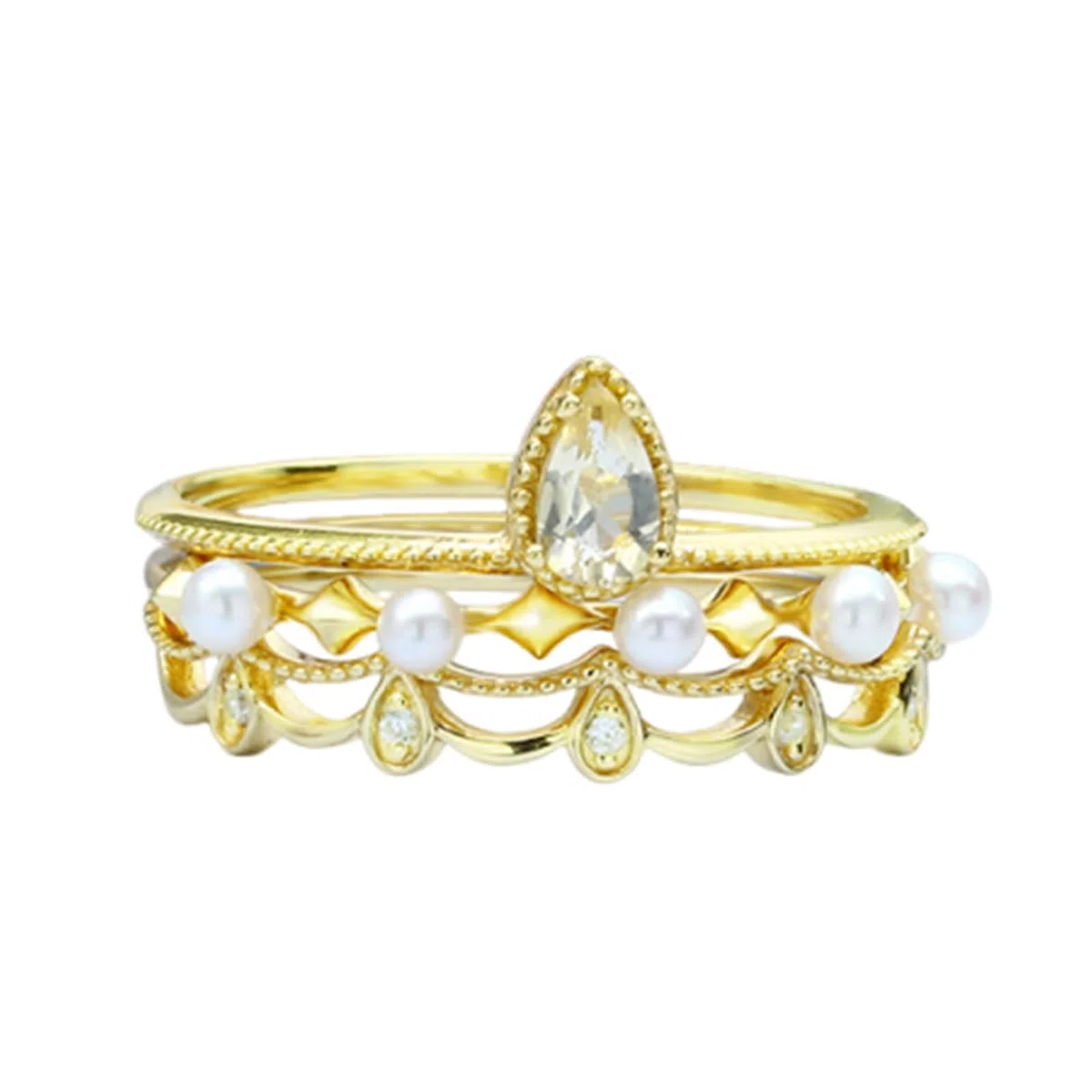 Juego de 3 anillos de boda vintage de oro amarillo de 9 quilates, 14 quilates y 18 quilates con cristal y perla, moissanita