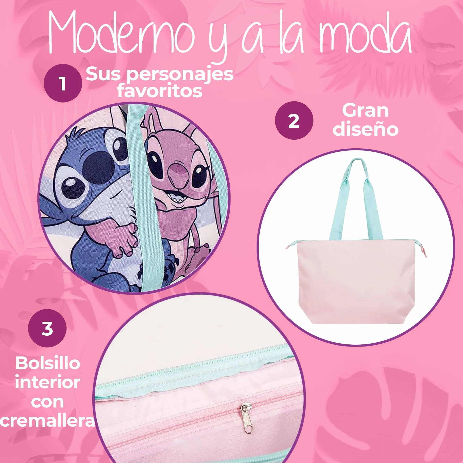 Bolso Stitch & Angel Niña – Bolsa Grande con Cremallera – Ligera y Espaciosa – Para Colegio, Piscina, Playa y Viajes