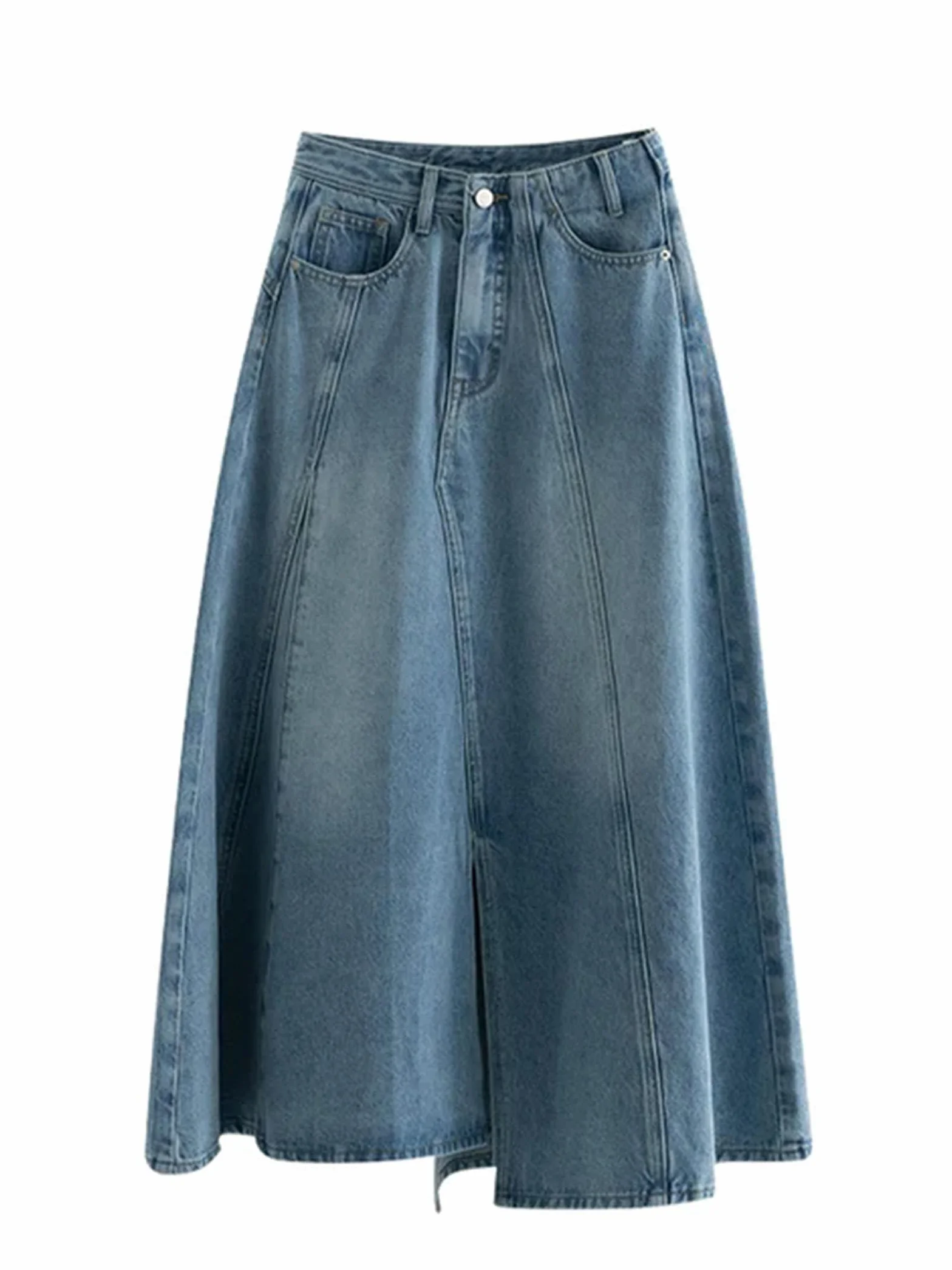 Mujer Denim Midi Falda Abertura Una Línea Vintage Coreana Años 2000 Azul