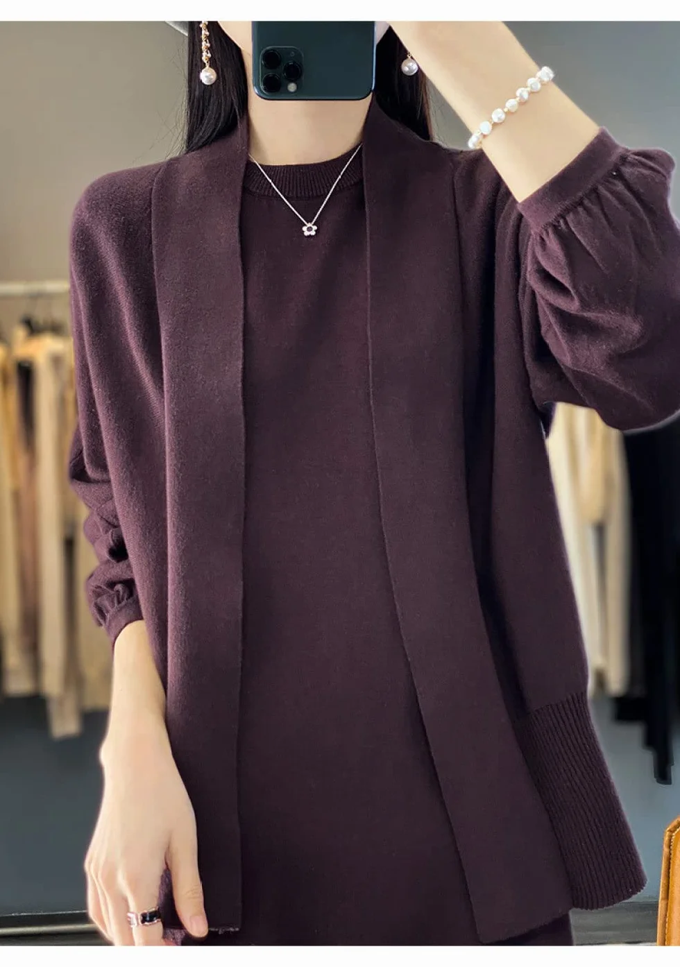 Cárdigan de Mujer Cárdigan de Punto de Algodón para Mujer Abrigo Suéter Liso Color Café Cárdigan Largo de Manga Farol Cárdigan Abierto por Delante Chaqueta de Punto Suelta de Primavera para Uso Diari