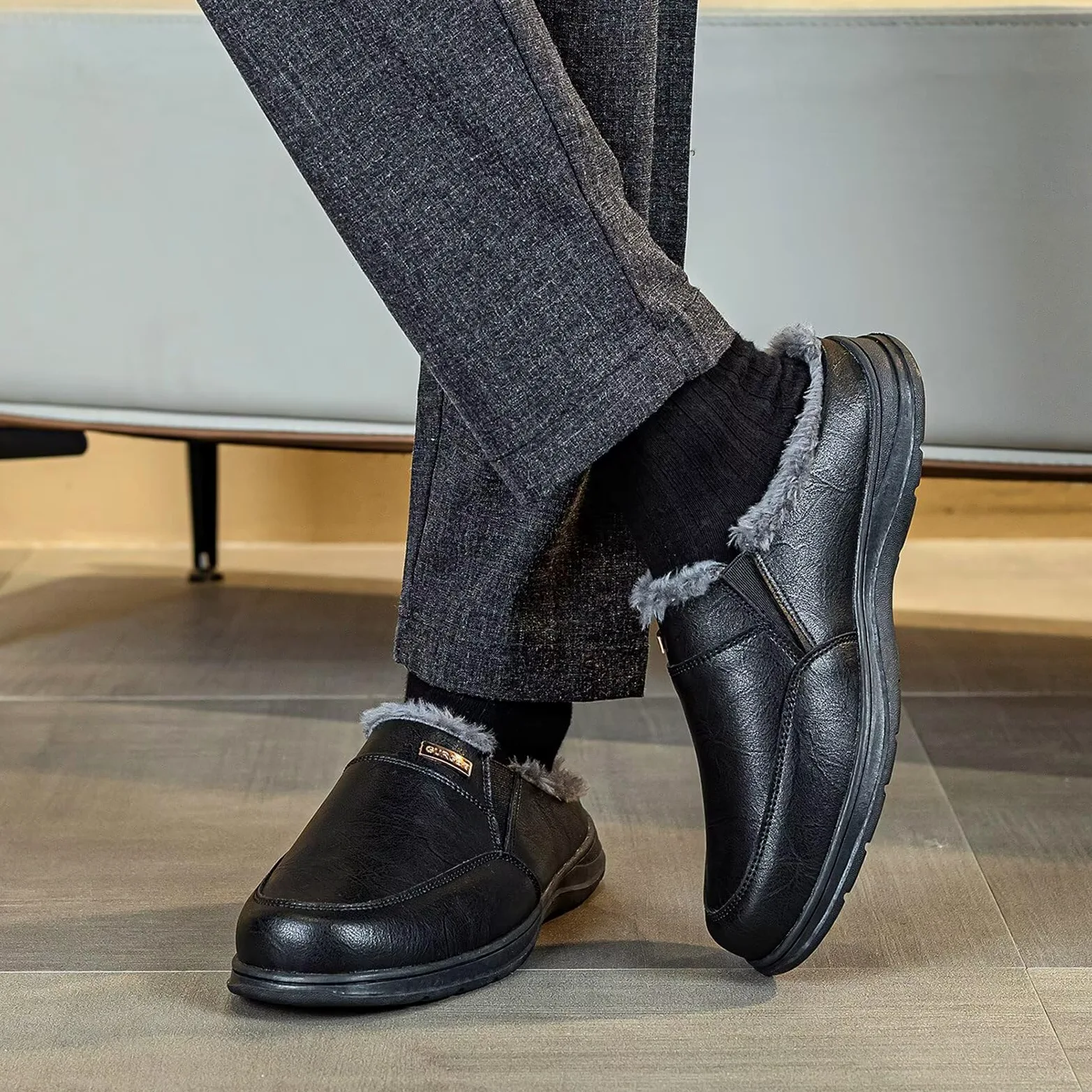 Zapatillas de Estar por Casa de Hombre Invierno de Cuero Forro Peluche Cálido Zuecos y Mules para Interior y Exterior