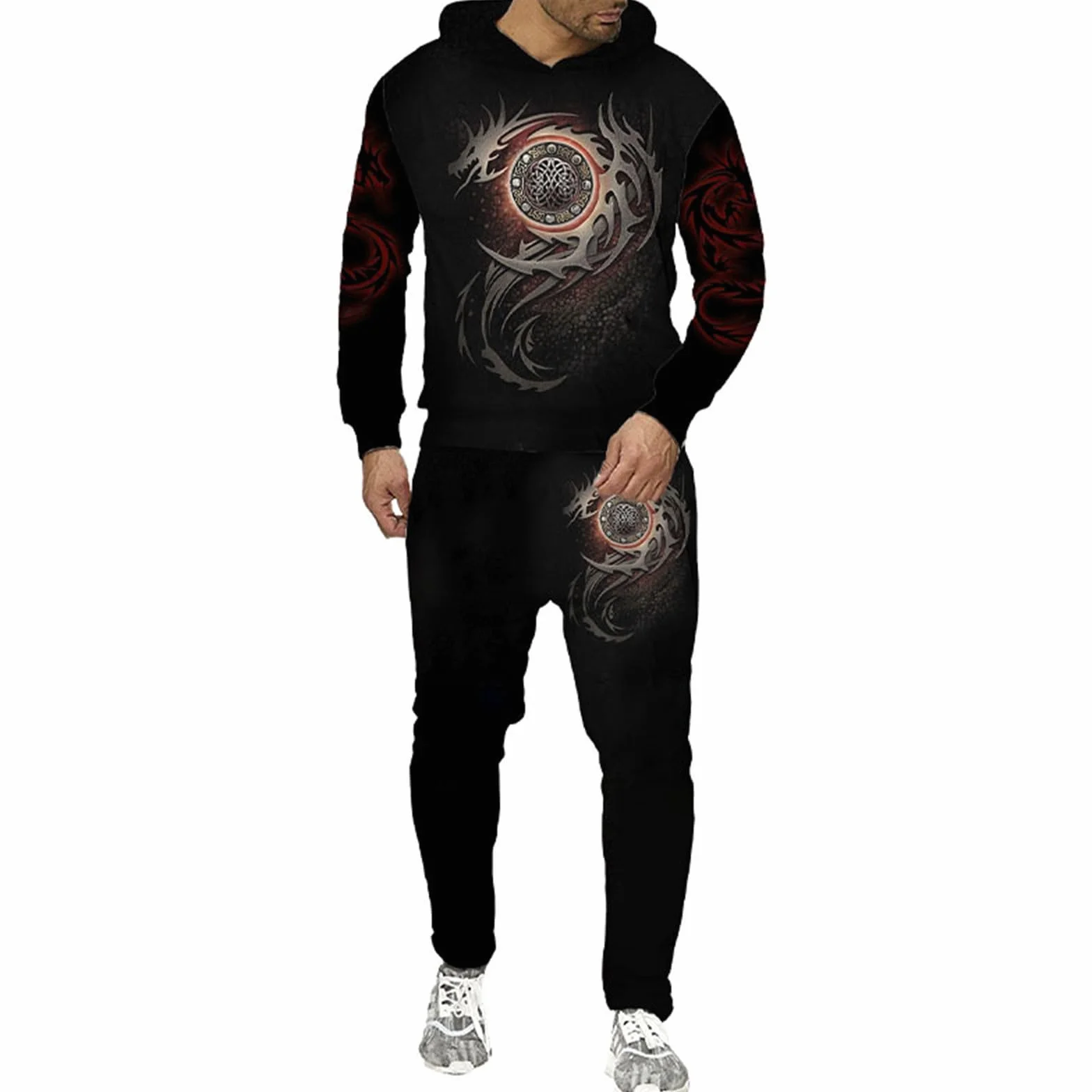 Chándal para hombre con capucha dragón chino 3D conjunto deportivo Y2K Hip Hop suelto ropa de calle