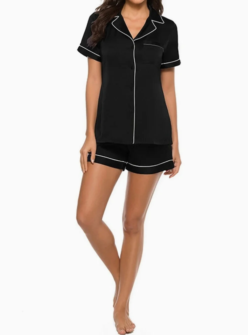 Pijama De Mujer Manga Corta,Solapa Simple Negro Pijama De Manga Corta Para Mujer Conjunto De 2 Piezas Pijama Suave Y Cómodo Para Mujer Ropa De Descanso Regalo Del Día De La Madre Para Esposa Novia