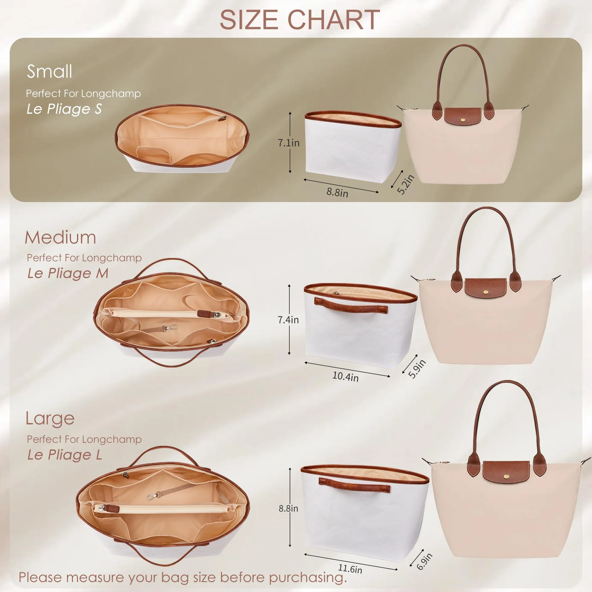 KALIDI Organizador de Bolso Inserto para Longchamp Le Pliage S Xtra, Funda Ultraligera Impermeable con Divisores Internos Mejorada para Bolso de Mano de Mujer, Blanco Pequeño