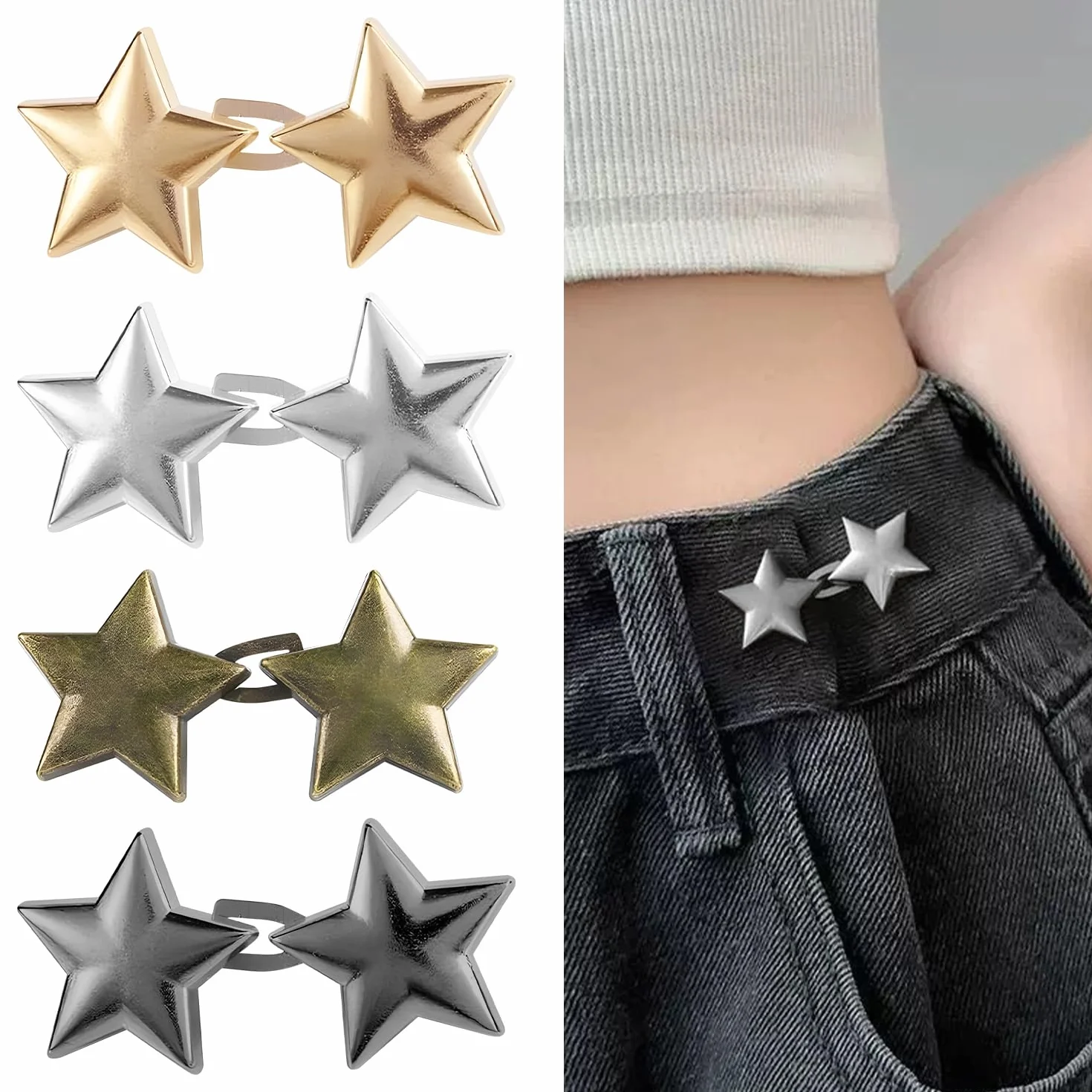 4 Pares de Clips Ajustadores de Cintura, Clips para Pantalones para Ajustar la Cintura. Ajustable con Estrellas, Sin Costura. Accesorios para Jeans, Faldas y Mangas Holgadas (4 Colores)