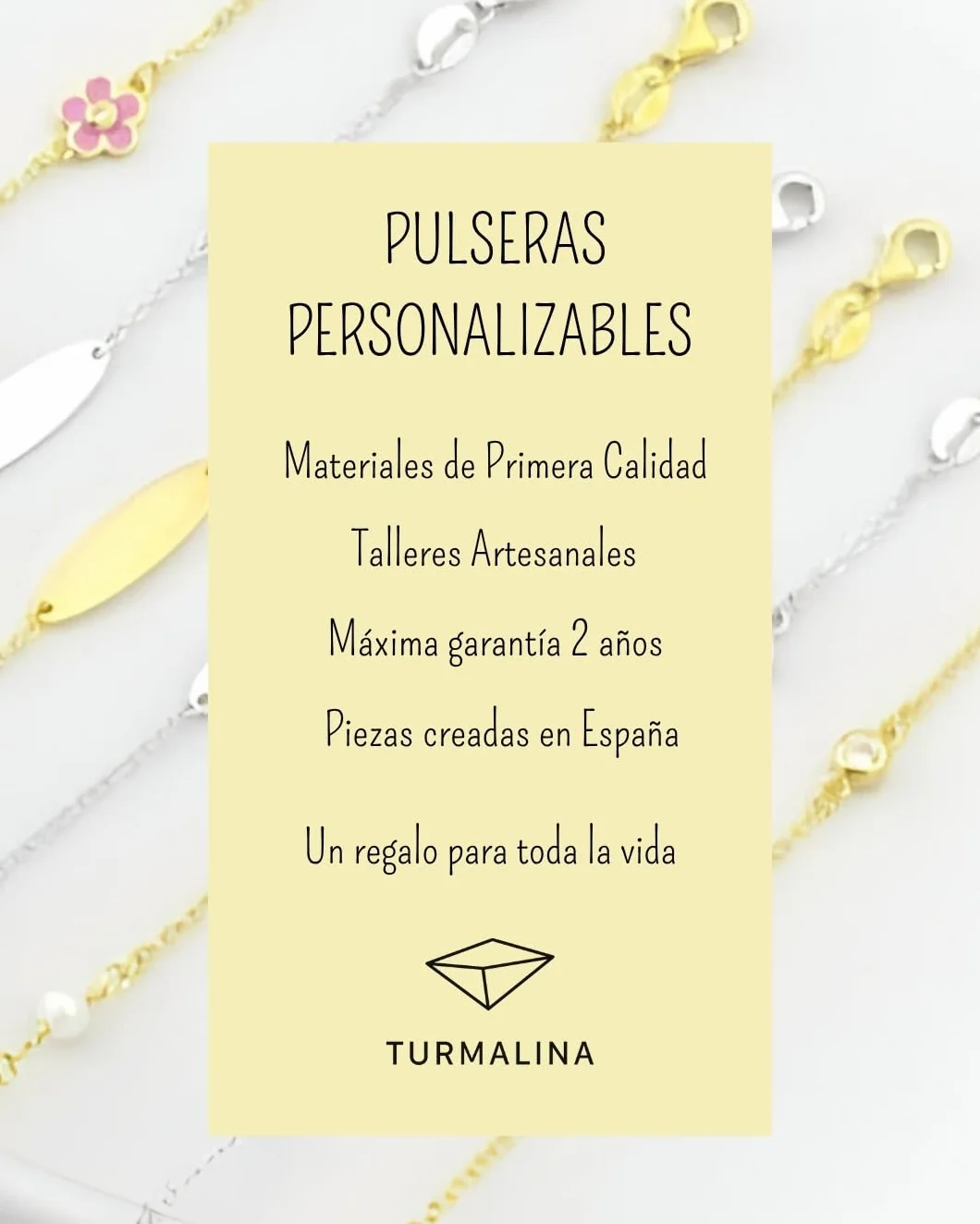 Turmalina - Pulsera personalizable esclava ID dorada de Plata de Ley 925 bebé o niña, pulsera con placa, largo de 11 más 2,5 cm de extensor de la marca de joyería