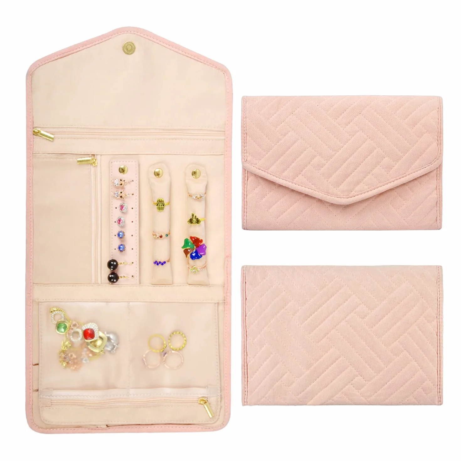 1 bolsa de almacenamiento plegable para joyas, bolsa de joyería portátil, organizador de joyas de viaje, caja de almacenamiento para anillos, utilizado para pulseras, pendientes, anillos (rosa nude)