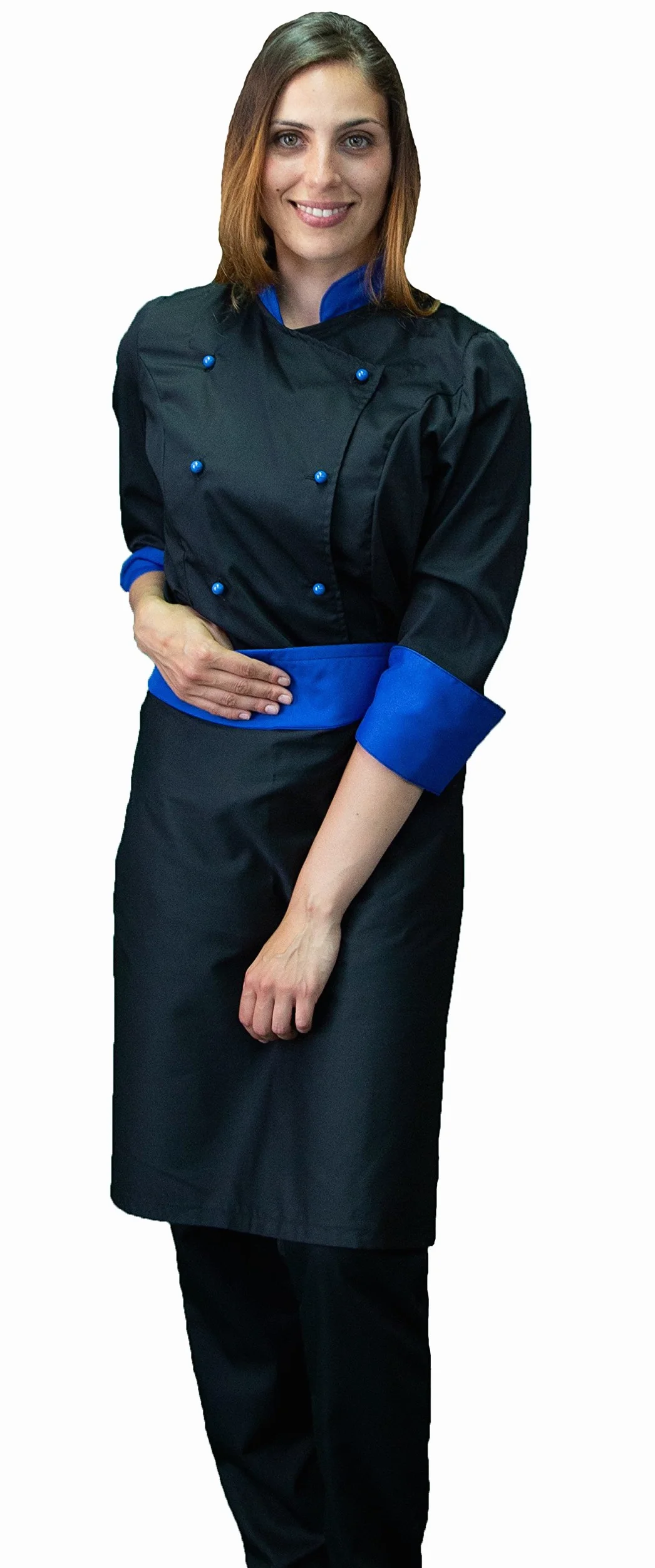 Ricamo Gratuito - Conjunto de cocina - Negro y azul - Divisa Chef Mujer - Pantalón, chaqueta y delantal - Made in Italy