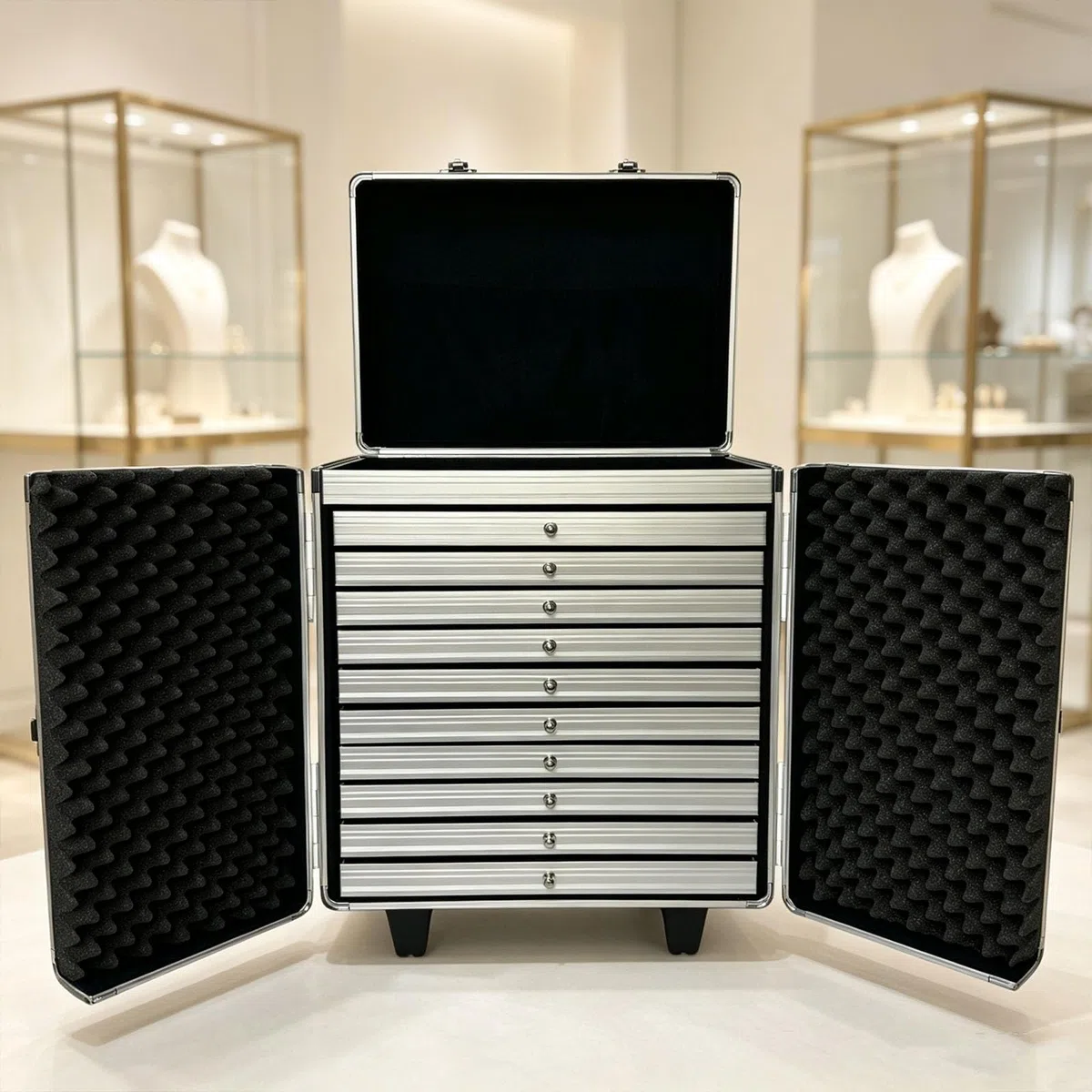 Maletín con Ruedas para Joyería, Organizador De Exhibición De Conjuntos De Joyas con 10 Bandejas Extraíbles, Diseño De Gran Capacidad, Ajuste De Altura Multinivel, para Viajes Y Ferias De