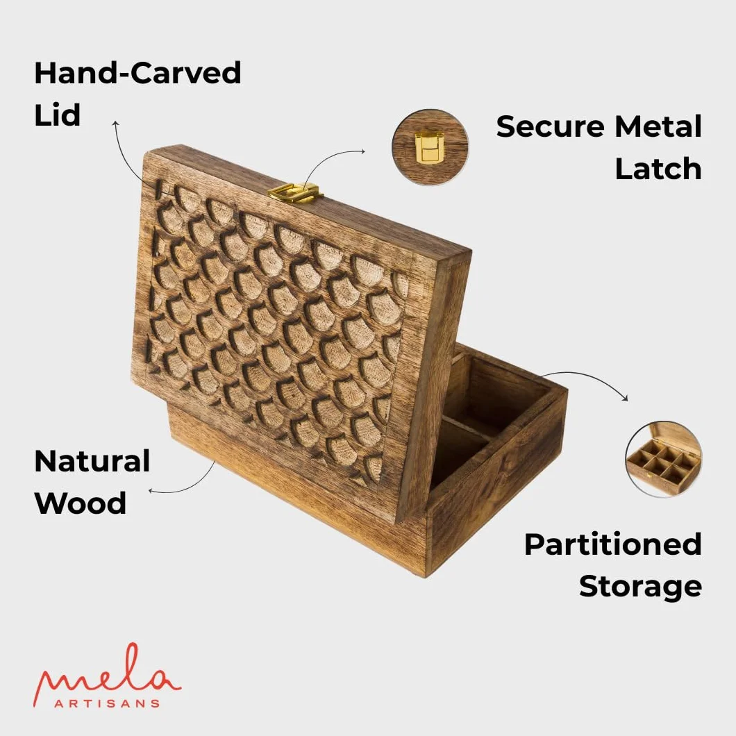 Mela Artisans Caja de recuerdos de madera con tapa con bisagras y pestillo, caja de almacenamiento decorativa grande con 6 particiones para fotos, joyas, manualidades, regalos hechos a mano, caja