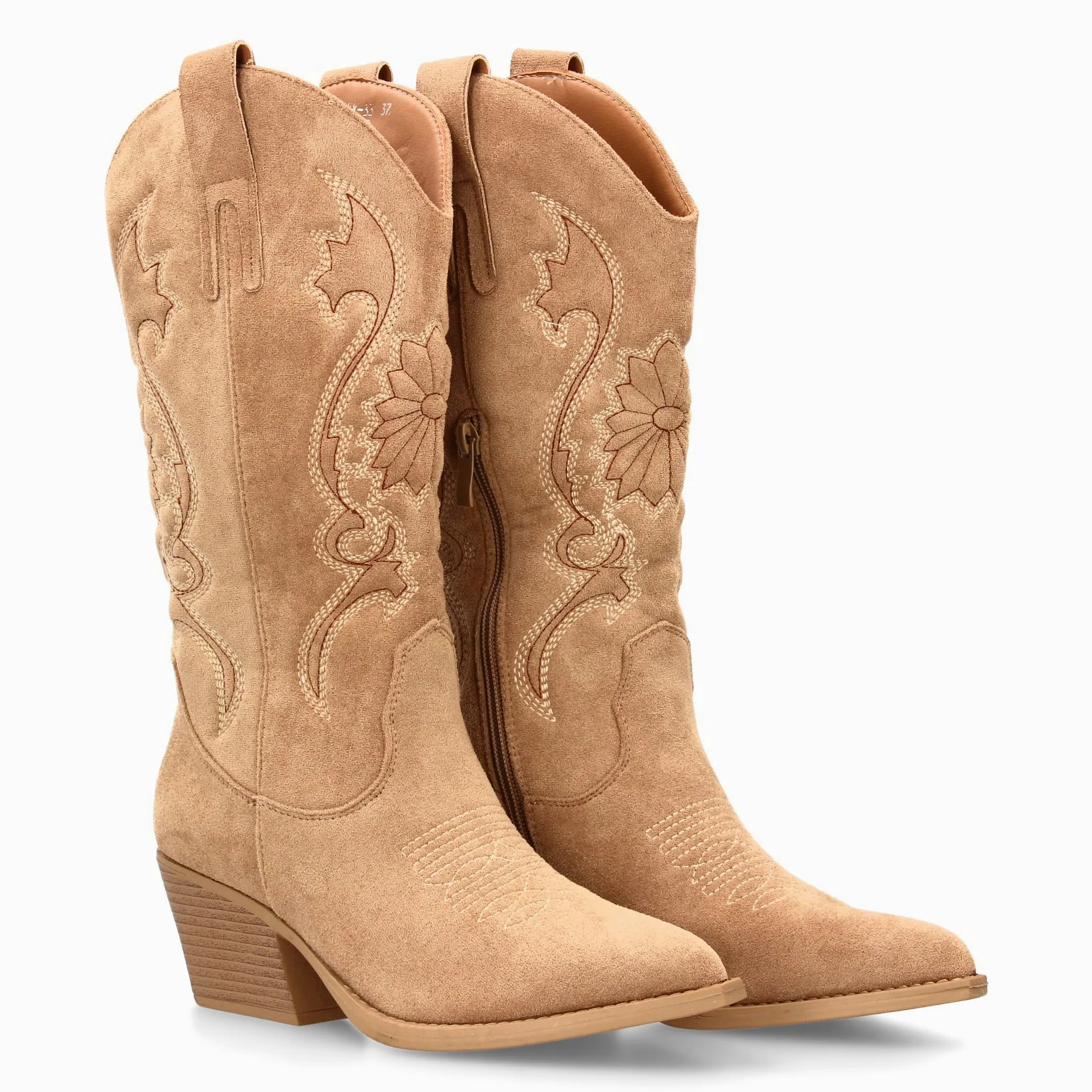 Bota Cowboy de Cana Alta con Bordados para Mujer. Tacon Medio y Punta Fina, Estampado Liso. Estilo campero y Cierre de Cremallera, Ideales para Temporada Otono Invierno.