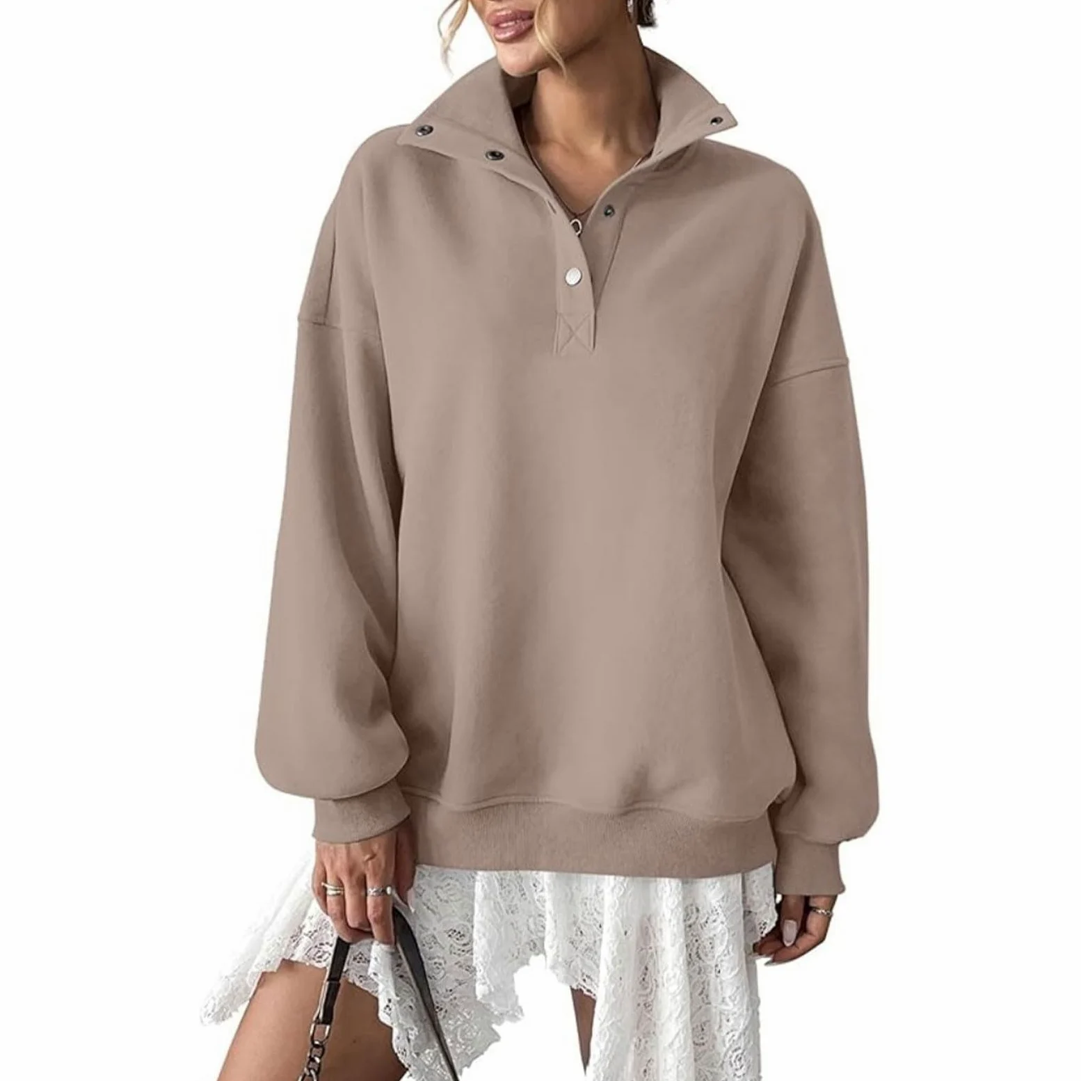 Generico Sudaderas Mujer Sin Capucha Cuello Alto con Botones Manga Larga | Sudadera lisa elegante y ligera, suave y cómoda, ajuste holgado, para llevar todos los días