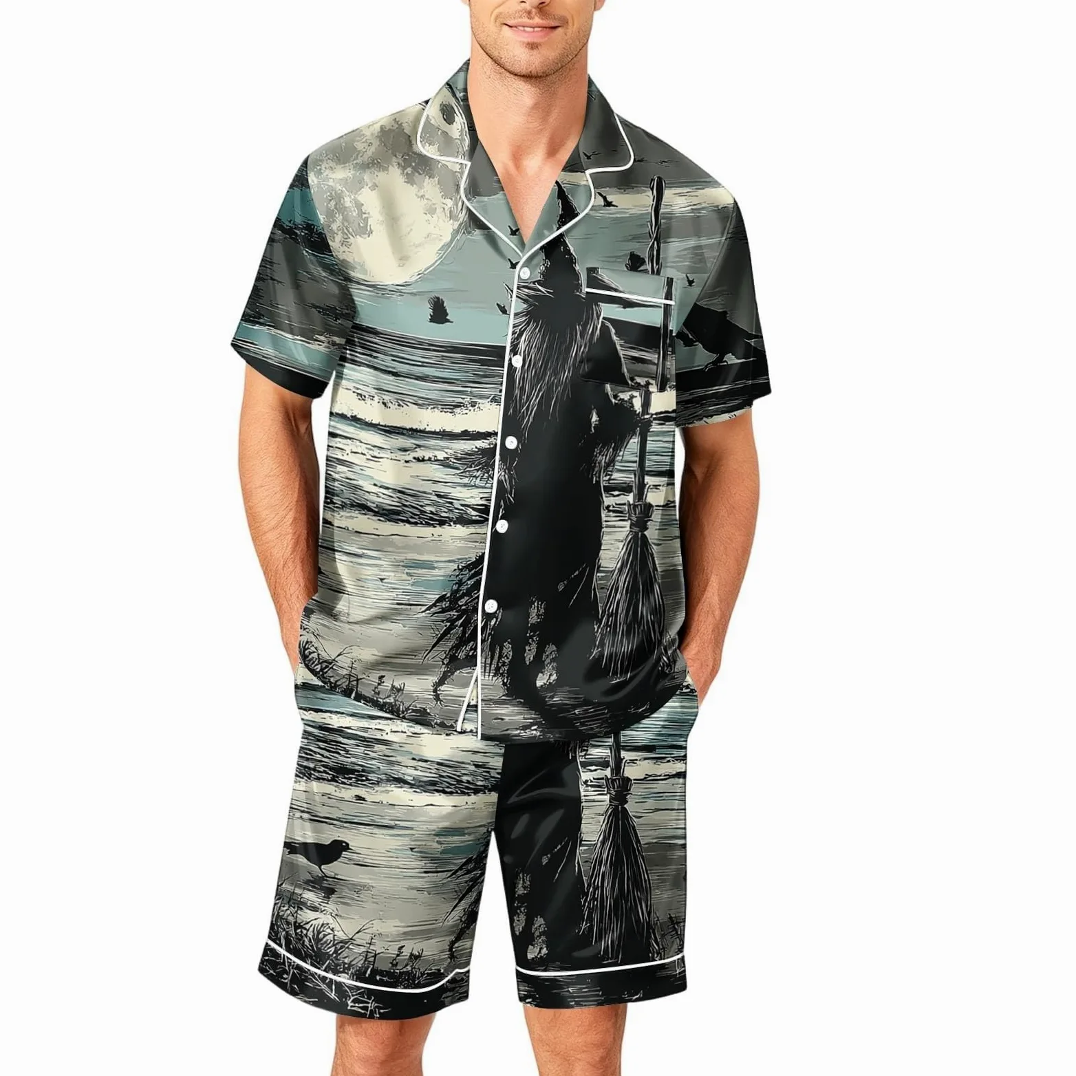 Generisch Pijama deportivo para hombre de manga corta con botones y pantalones cortos con estampado gótico, juego de ropa de dormir y ropa de dormir de 2 piezas para las vacaciones, pijama para hombre