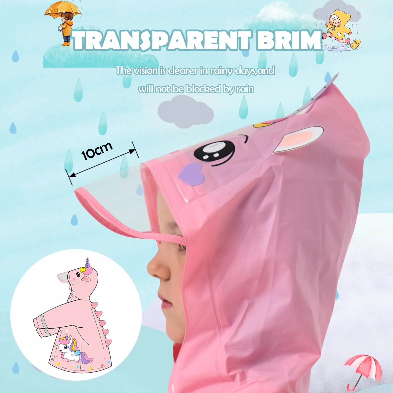 Chubasquero ligero para niños impermeable transparente ala de sombrero ampliada poncho de lluvia con capucha