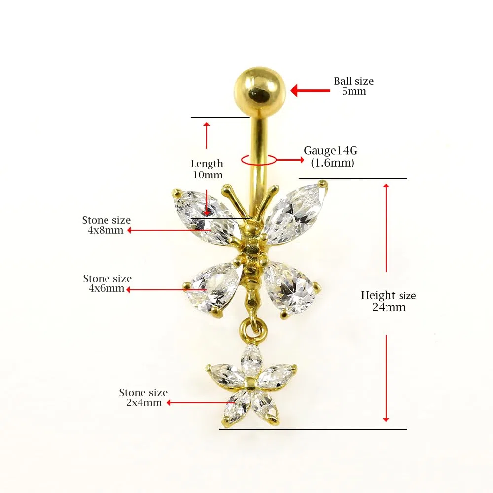 Piercing para ombligo de oro amarillo macizo de 14 quilates con circonita cúbica y mariposa con flor colgante, joyería para ombligo de 14 quilates, calibre 14, 14 Gauge - 10mm Length,