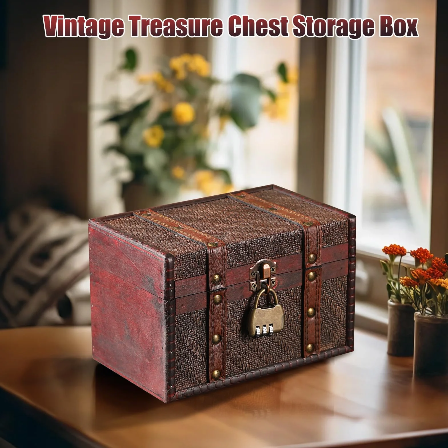 Cofre del Tesoro de Madera Vintage con Cerradura de Combinación, Cofre del Tesoro Pirata Niños con Candado, Pequeño Caja de Madera para Collares, Pendientes, Anillos, Pulseras