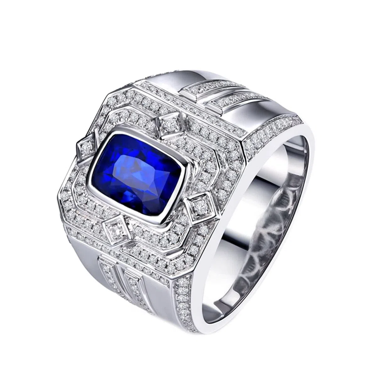 Anillo Zafiro Y Plata, Anillo Vintage Azul Oro Blanco 18K Azul Forma Rectangular Diamante Blanco para Esposo con Joyero