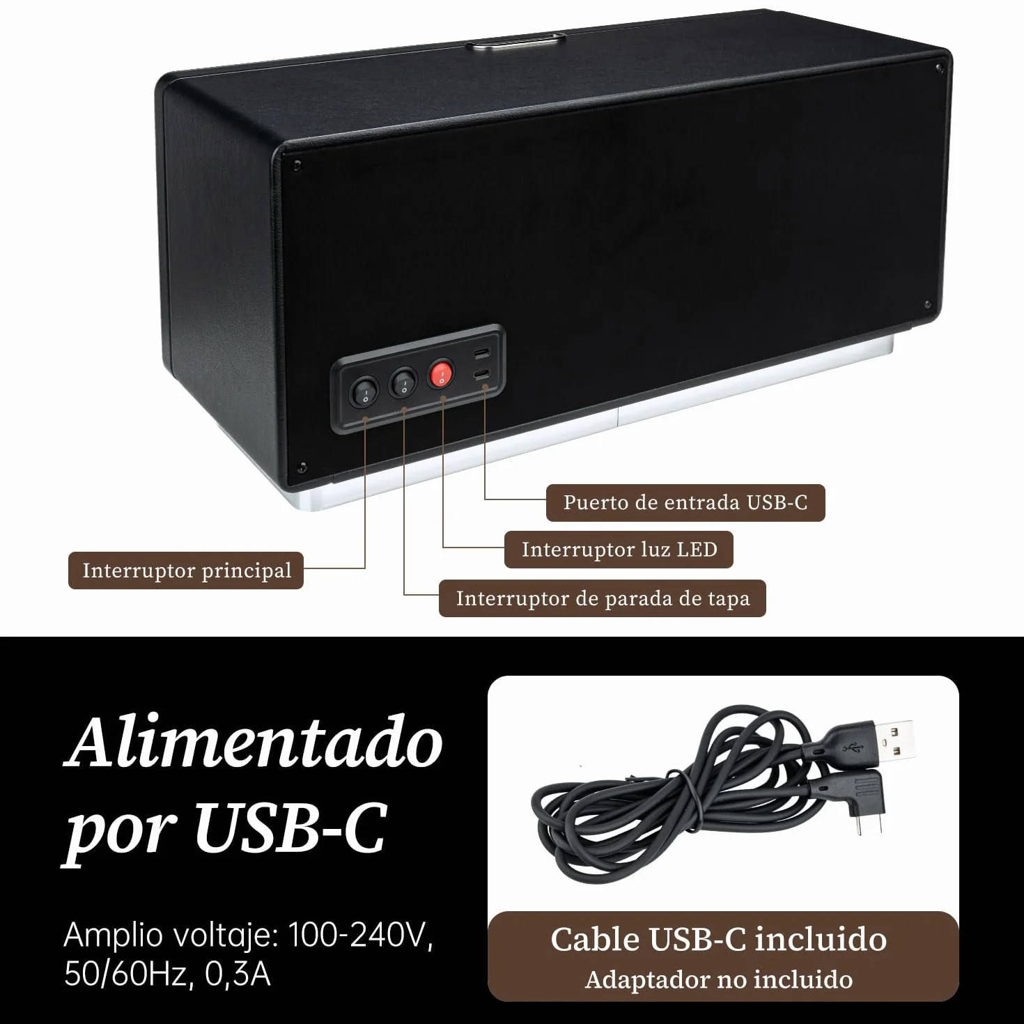 Mcbazel Automática Rectangular Piel sintética Caja enrolladora para 4 Relojes Motor ultrasilencioso 4 diales Pantalla LED 4 Modos rotación Negro