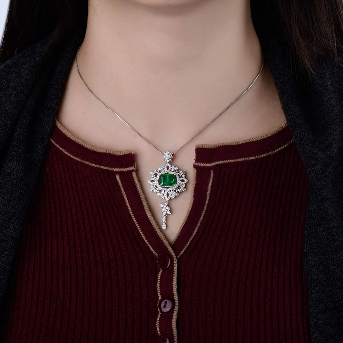 Collar con Colgante, Borla de Flores con Esmeralda creada en Laboratorio de 3 Quilates, Oro de 18 Quilates/Plata de Ley 925, Collares con Colgante para Mujeres y niñas, Regalo para el día de la
