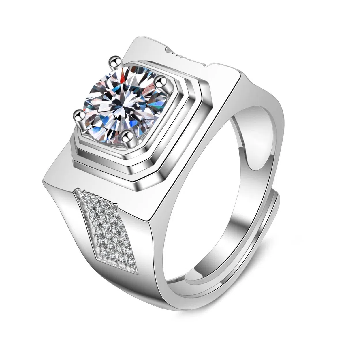 Anillos de compromiso para hombre, oro blanco de 9 quilates, 14 quilates, 18 quilates, anillo ancho de boda de 4 puntas, moissanita redonda de 2 quilates, 8 mm