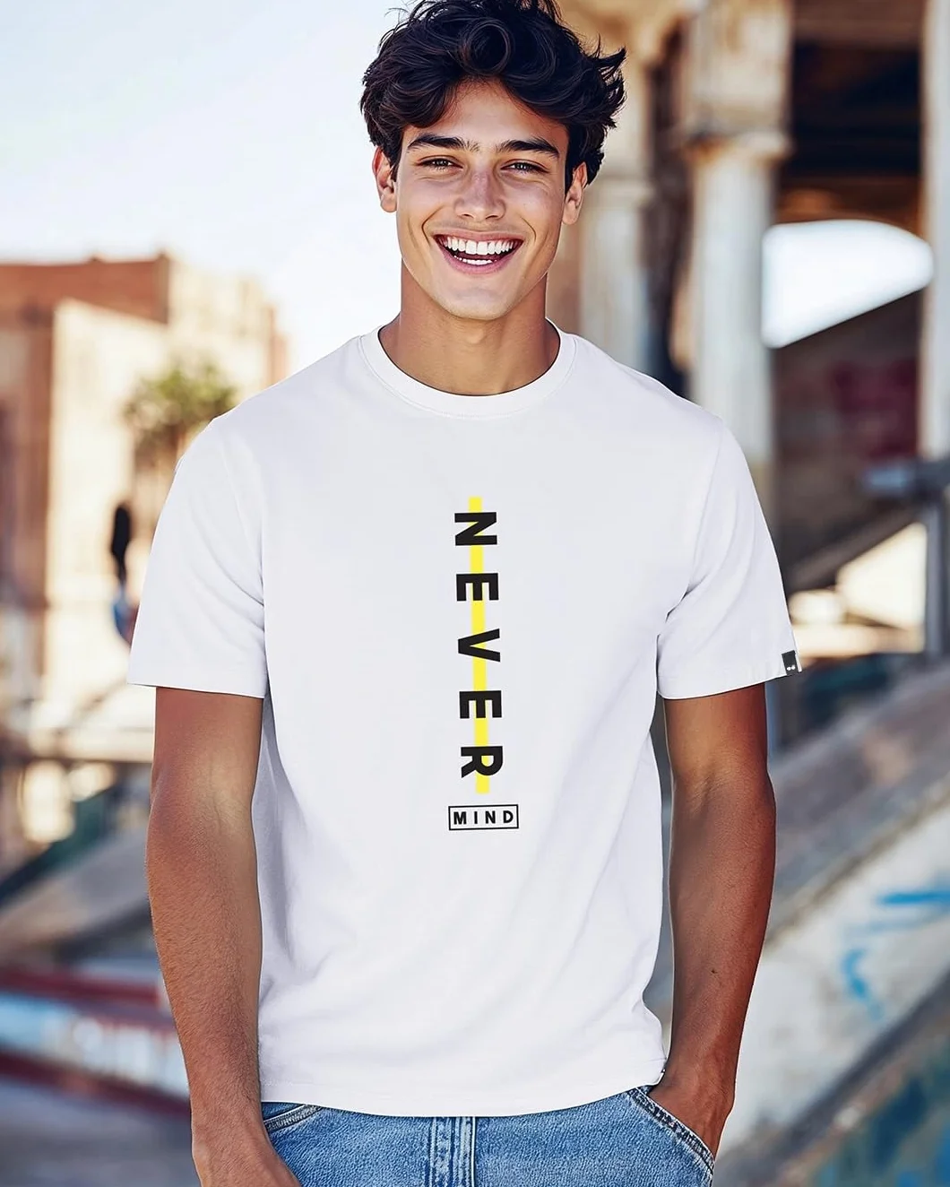 Bewakoof Camiseta estampada 100% algodón para hombre, ajuste regular, cuello redondo, media manga, blanco, 48