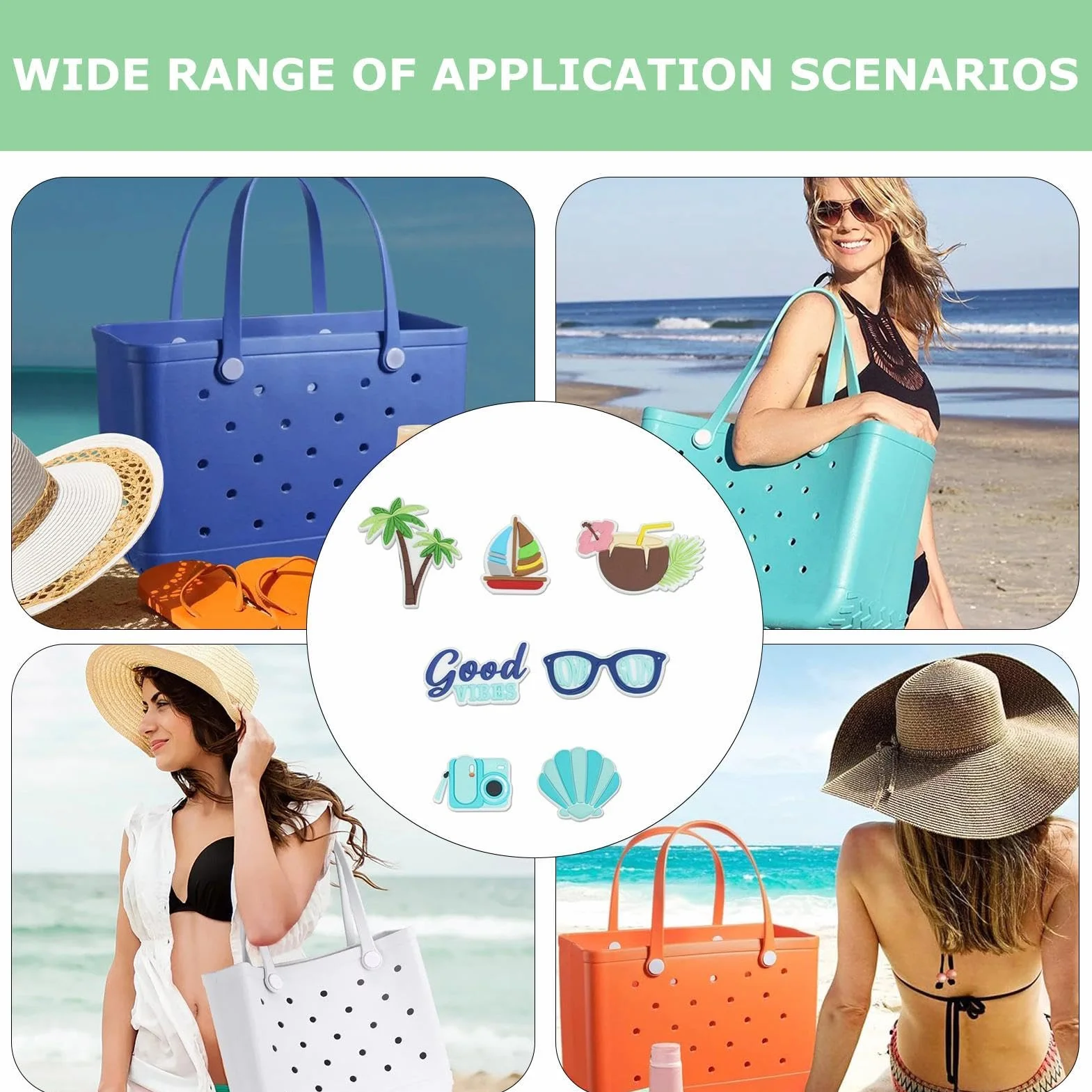 Teksome Abalorio de playa para bolsas de Bogg – 7 piezas de amuleto de playa de goma para bolsas de Bogg, insertos de goma de PVC extraíbles para bolsa de Bogg, accesorios de amuleto de playa