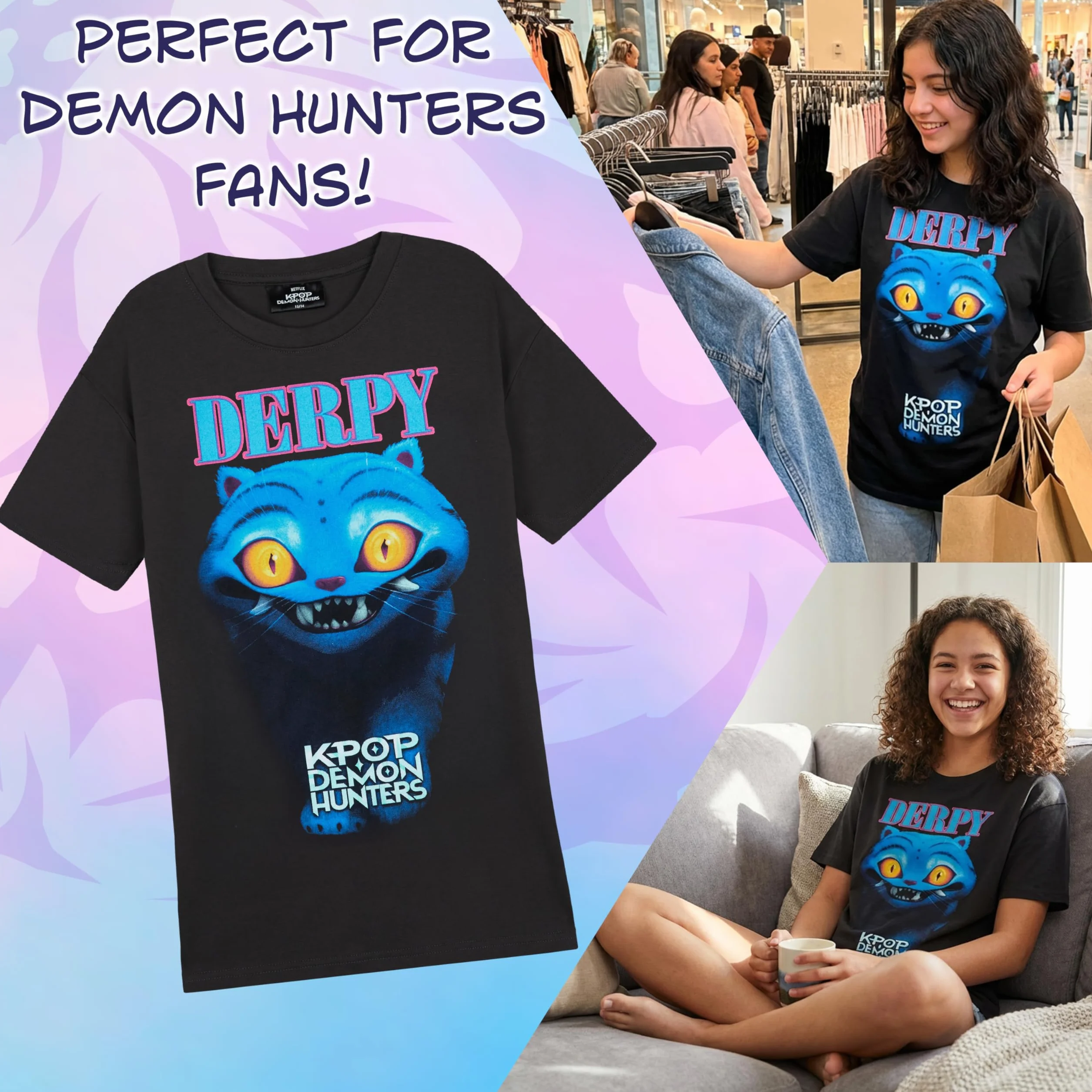KPop Demon Hunters Oficial Camiseta Niña Manga Corta, Huntrix Saja Boys Derpy Tiger, Regalo Niña Chica