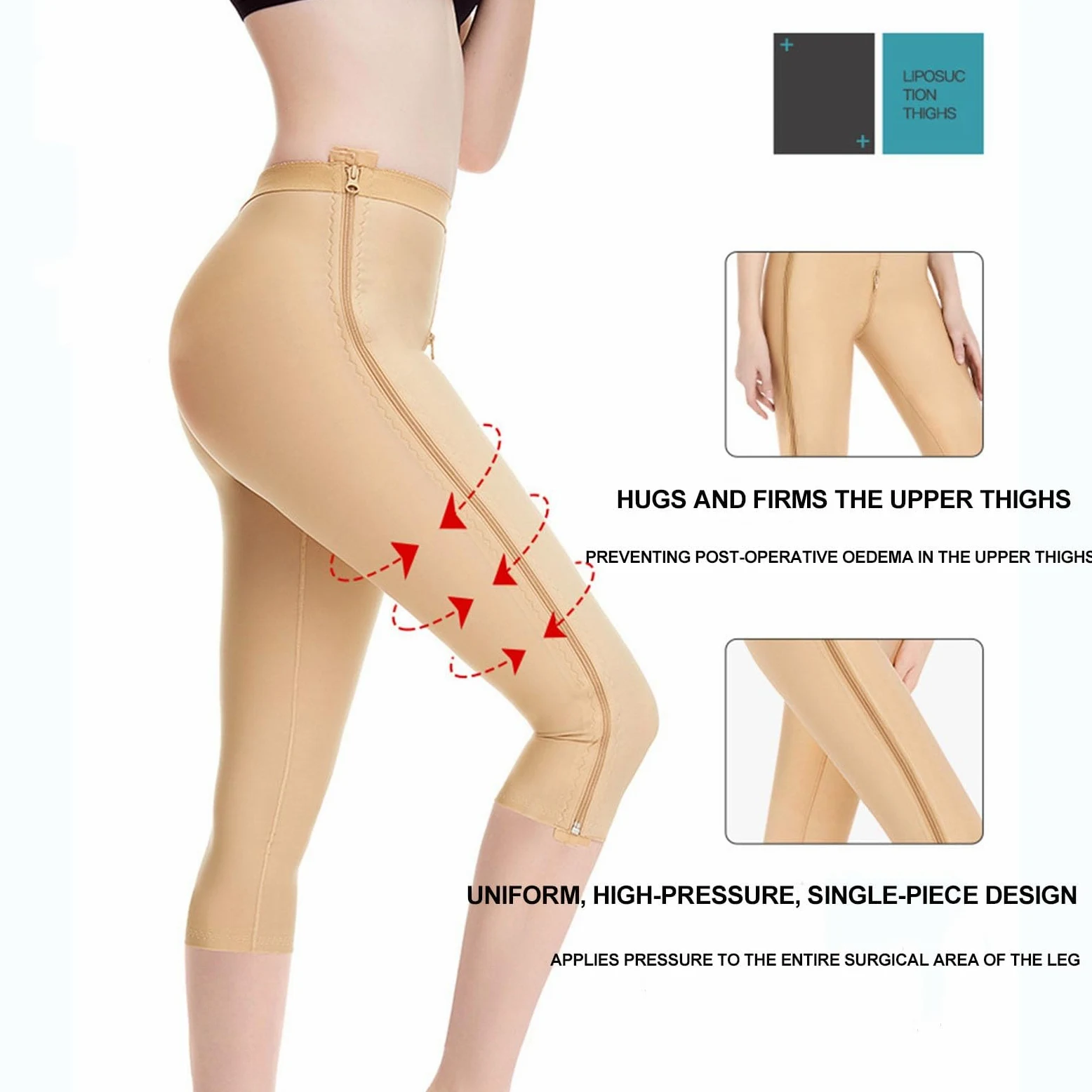 Pantalón compresivo Medio Muslo Mujer Post liposucción, Cremalleras Faja recuperación quirúrgica
