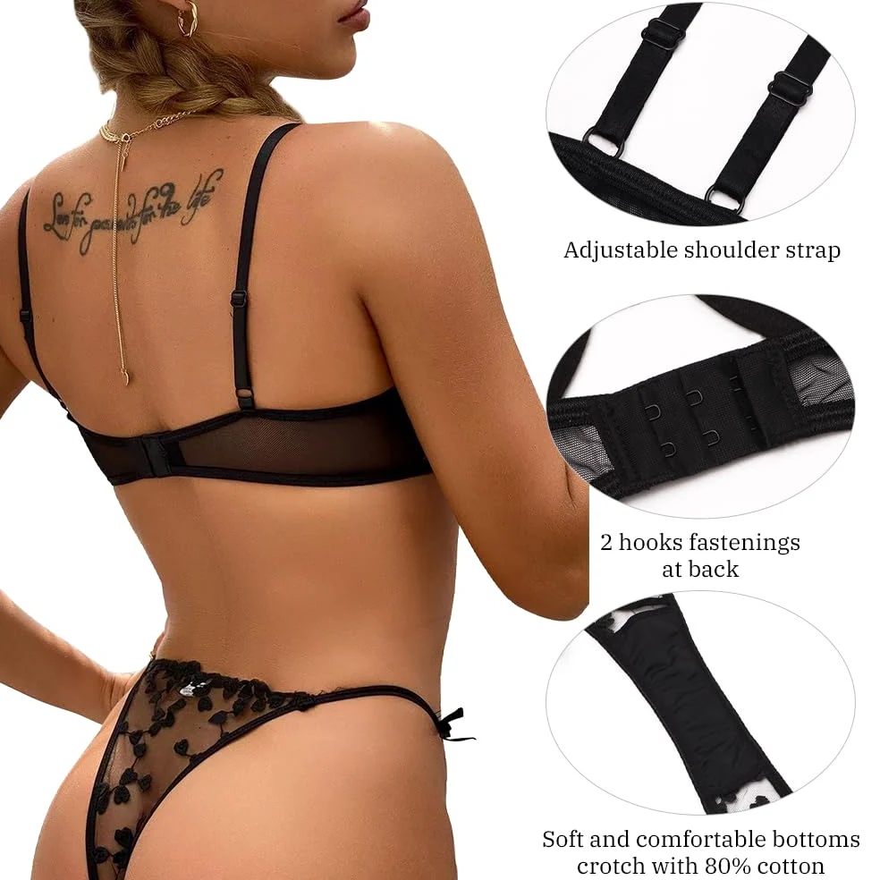 Conjunto de lencería Sexy de 2 Piezas para Mujer con Bordado Floral de corazón, Sujetador con Aros de Media Copa y Tanga, Sujetador Transparente de Malla para Mujer, Tanga a Juego, Bragas, Conjuntos