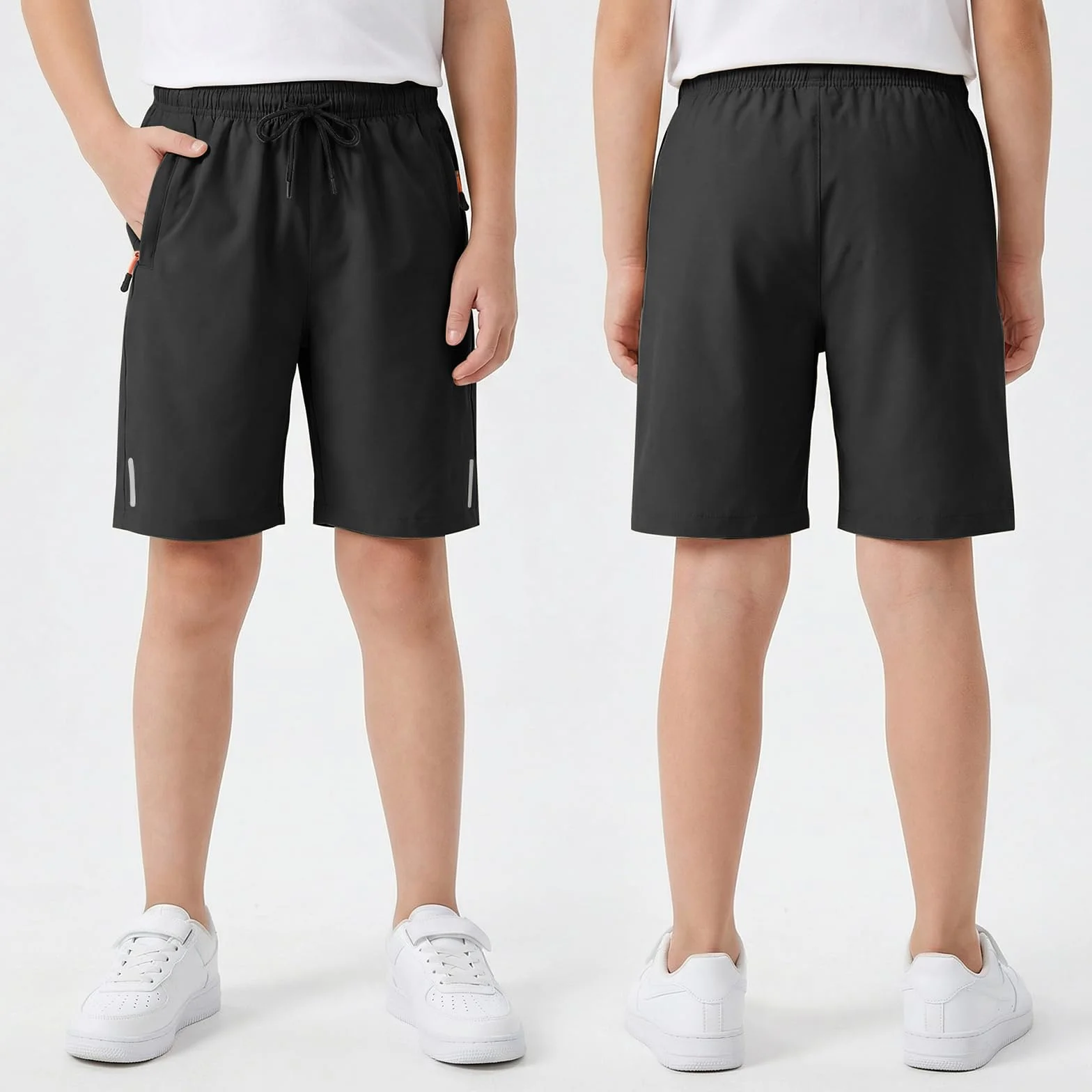 Pantalones Cortos Deporte Secado Rápido con Tiras Reflectantes Transpirable Bolsillos Cremallera para Niños 6-13 Años