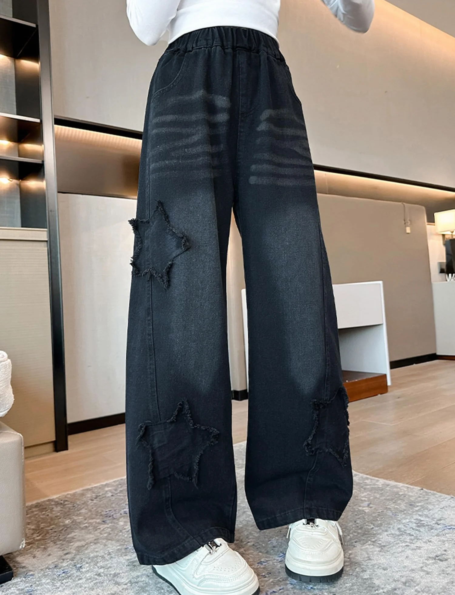 SEAUR Pantalones vaqueros para niña, pierna ancha, holgados, con cintura elástica Y2K, pantalones vaqueros con estampado de estrellas, para niños, 120-170 = (EU 110-164)
