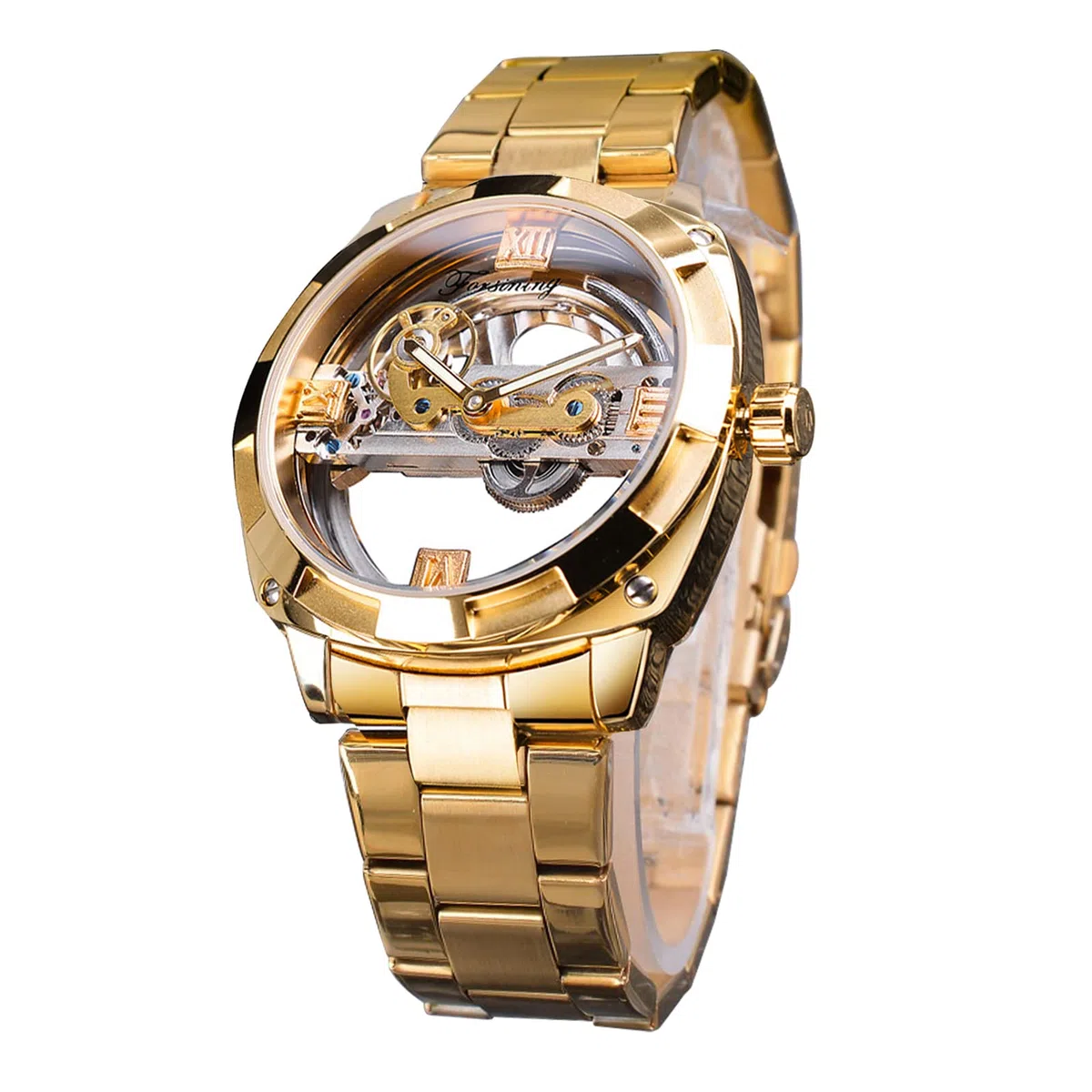 FORSINING Reloj de pulsera para hombre, esfera transparente, automático, clásico, mecánico, acero inoxidable, resistente al agua, dorado, pulsera
