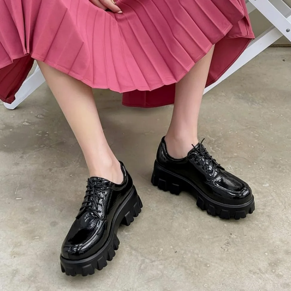Mocasines Suaves De Charol para Mujer Tacón Alto Grueso Uniforme Zapatos De Vestir Cordones Zapatos De Oficina con Plataforma