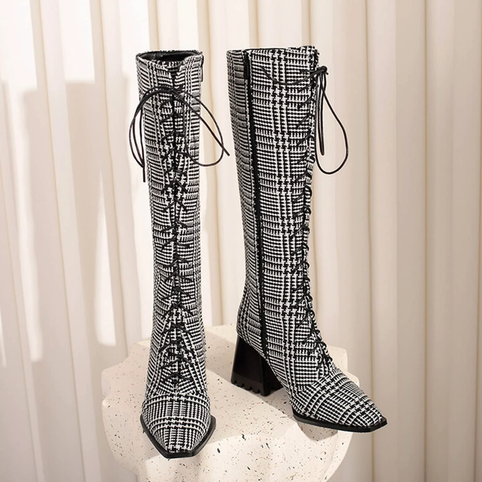 Botas de Vestir Rujer Botas largas de tacón Grueso con Cremallera Lateral con Cordones en la Parte Delantera Puntiaguda Estampado Leopardo para Mujer
