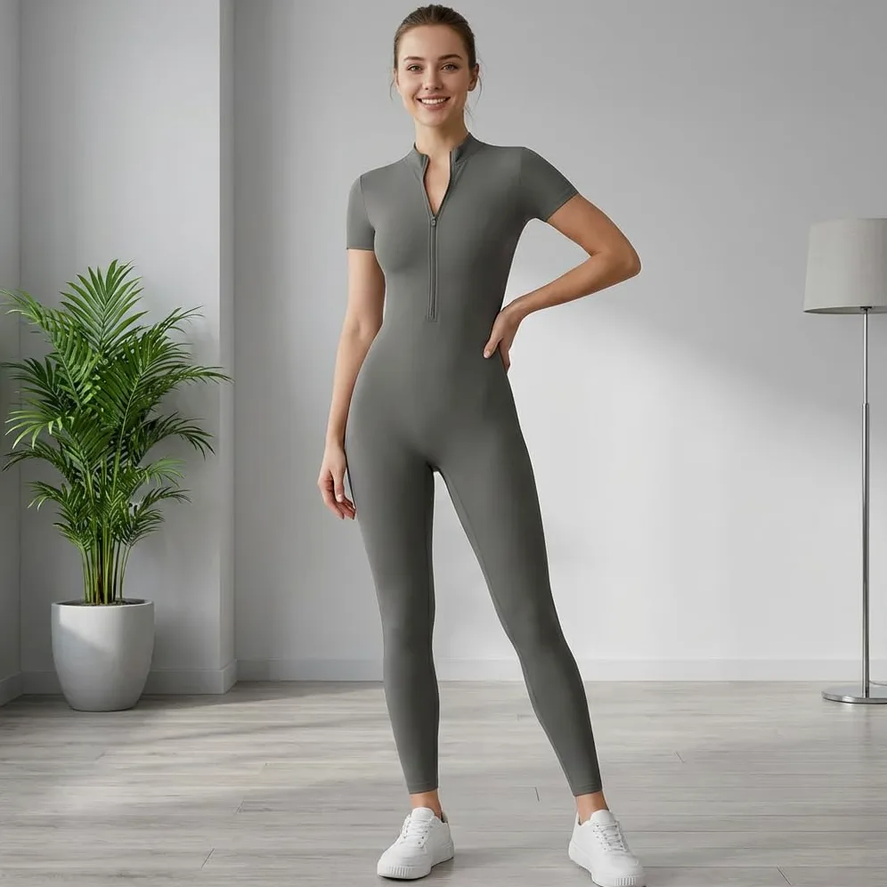 Traje de Yoga de Manga Corta para Mujer, Mono, Body Deportivo para Fitness al Aire Libre, Ropa de Entrenamiento-Gris-SG