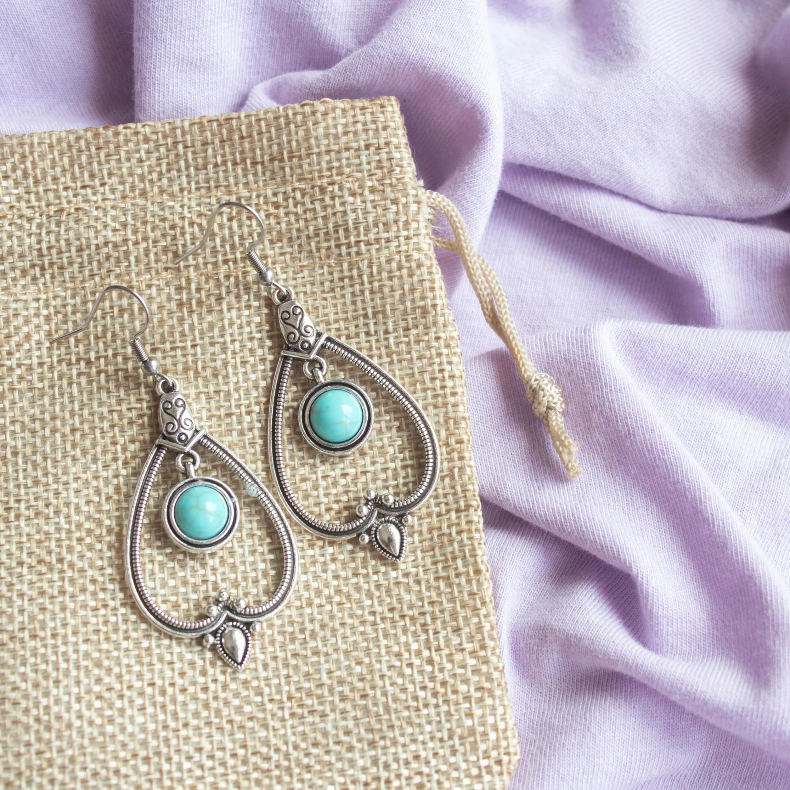 Pendientes Mujer Bohemios con Piedra Turquesa Colgante Estilo Vintage Largos Forma de Gota Plata Tibetana