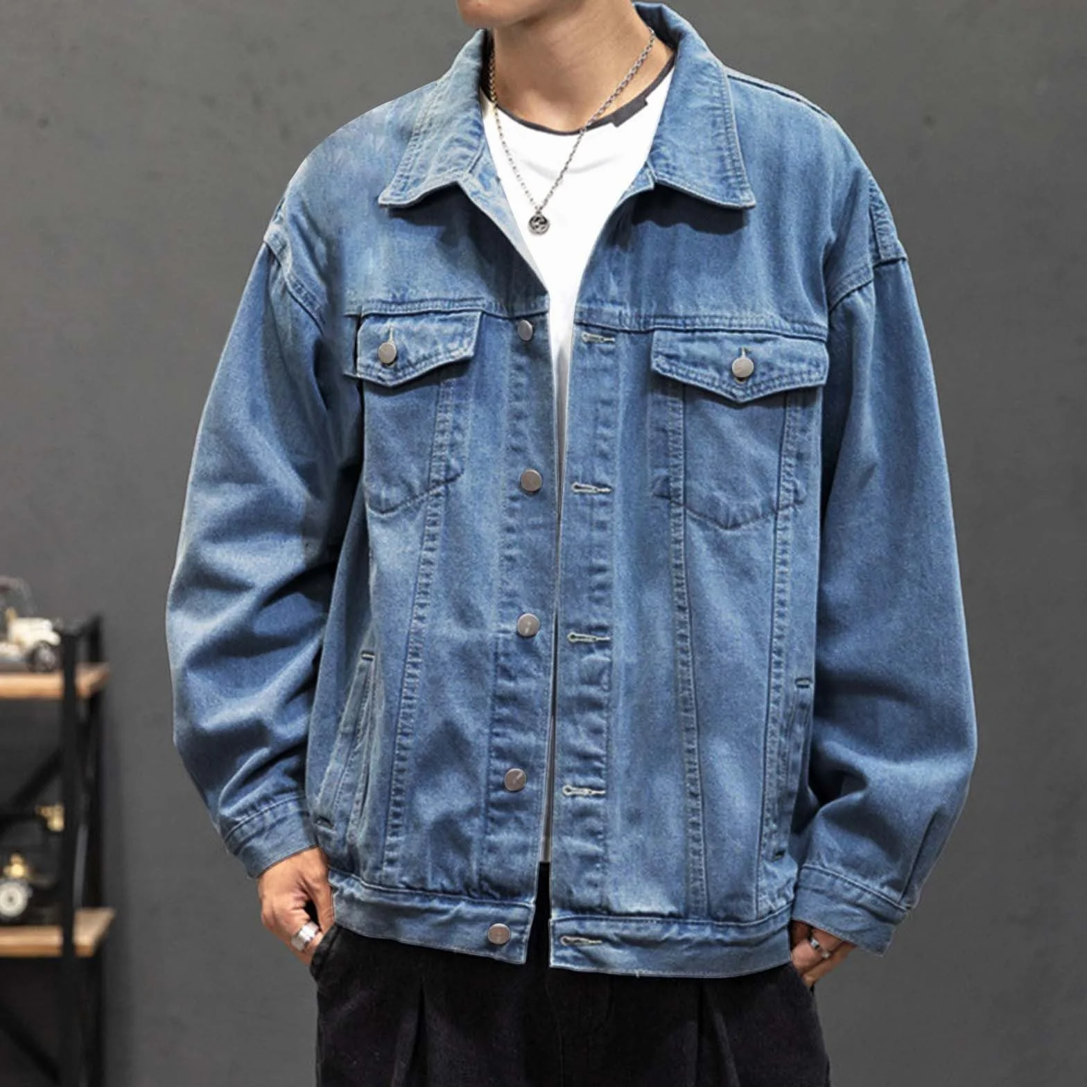 Chaqueta vaquera para hombre manga larga color liso otoño