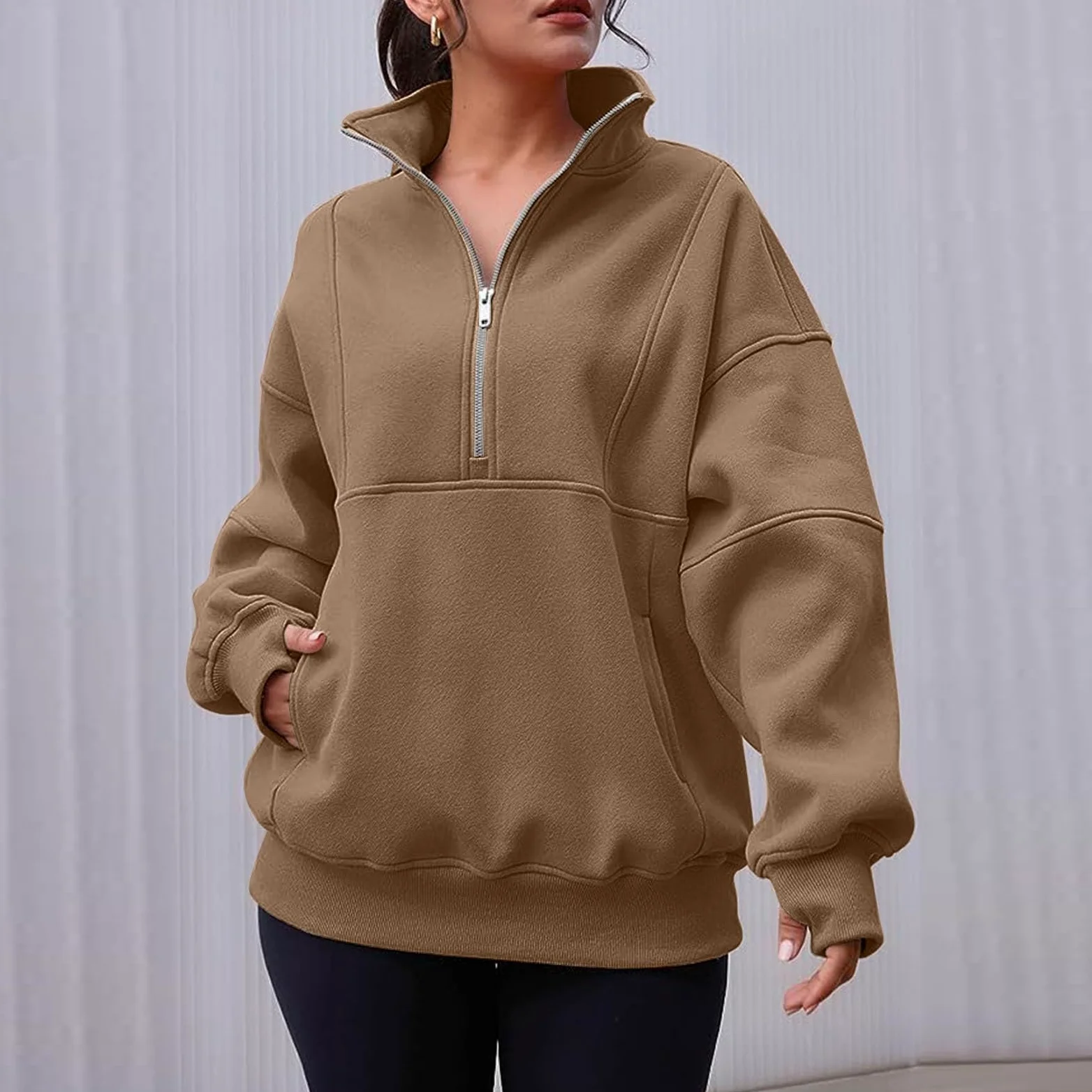 Sudaderas de ajuste holgado con forro polar para mujer, cuello alto, ropa de campo, cremallera, casual, bloque de color, suéteres occidentales, ligeros, góticos, suaves, modernos, sudaderas con cuello