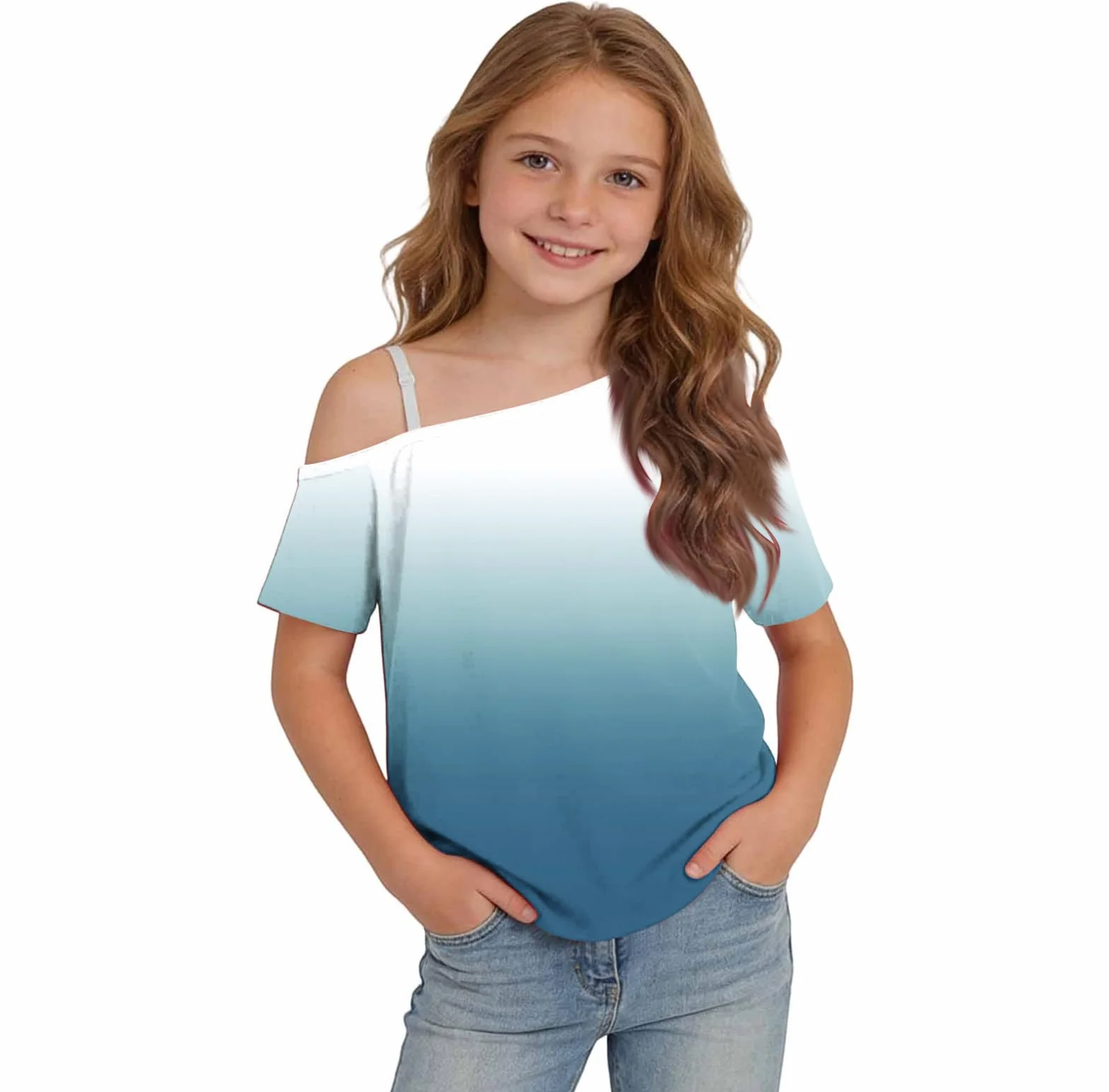 Camisetas de manga corta con hombros descubiertos para niñas, adolescentes, elegantes, transpirables, para la escuela, básicas, de un hombro, holgadas, informales, invitadas de boda, 5-14 años, Reino