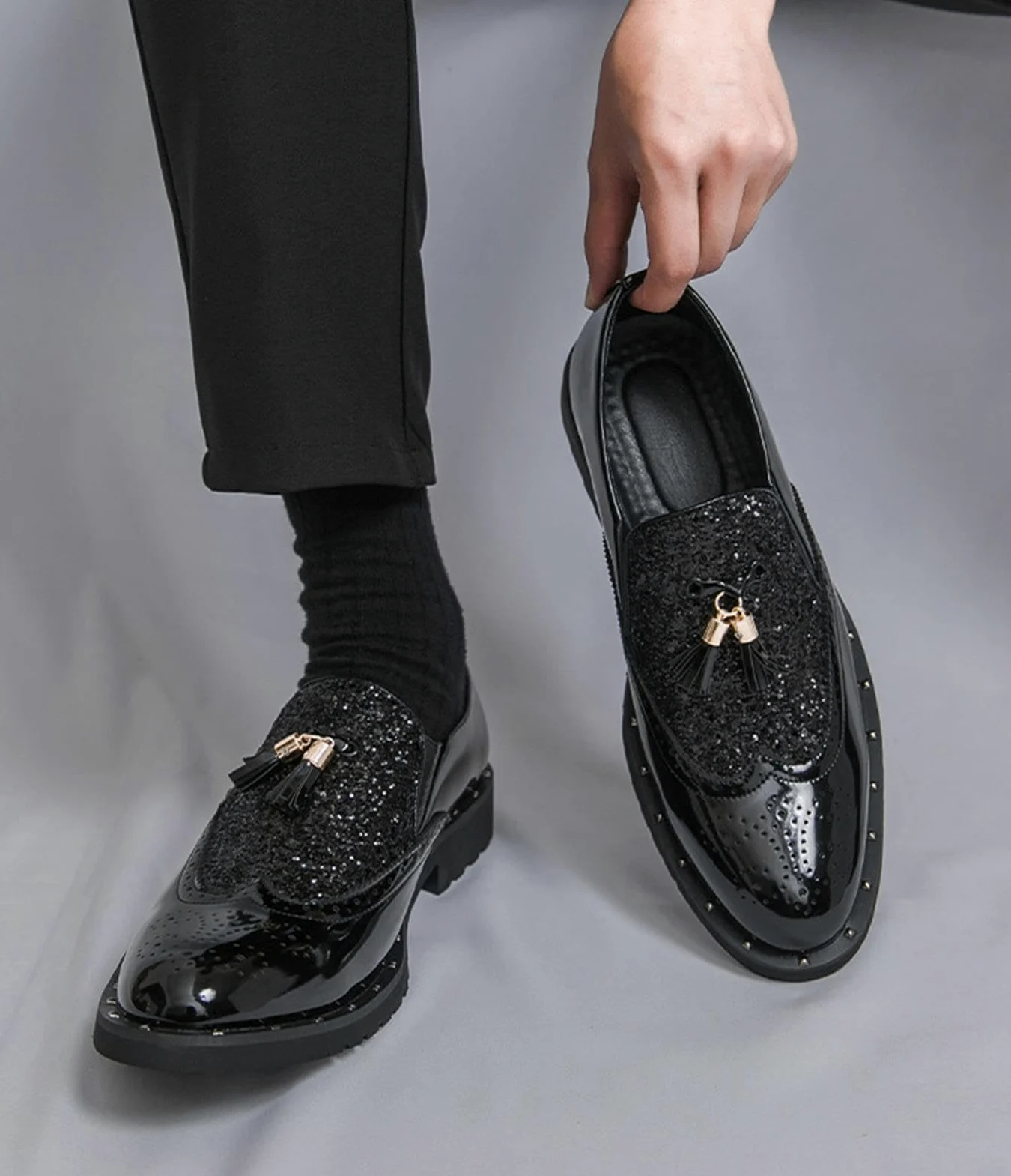 Mocasines de Charol con Purpurina para Hombre Zapatos de Vestir con Borlas Estilo Brogue Brillantes para Boda Fiesta