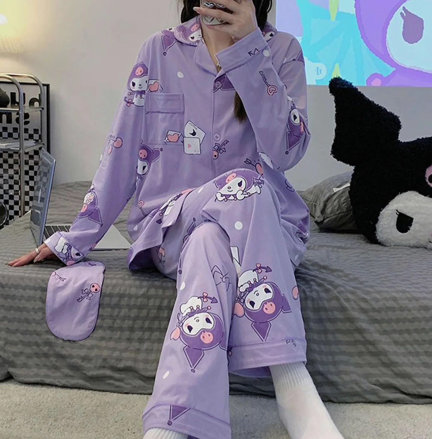 Kawaii Cartoon Pijama Mujer Niña Camiseta de Manga Larga y Pantalón Largo Conjunto 2 Piezas Ropa de Domir para Primavera Verano Morado/1 M