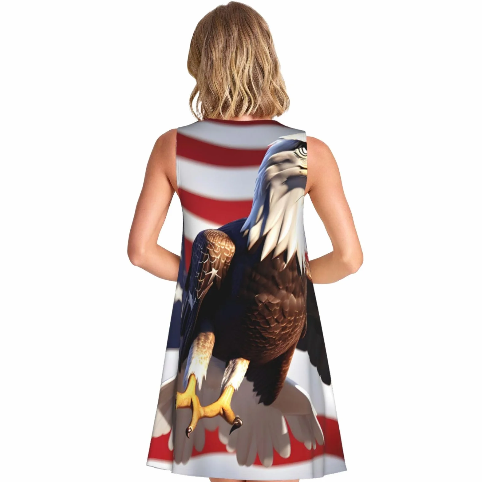 Águila calva con estampado de bandera estadounidense, ligero y cómodo, vestido de verano sin mangas para mujer, casual, vacaciones, uso diario