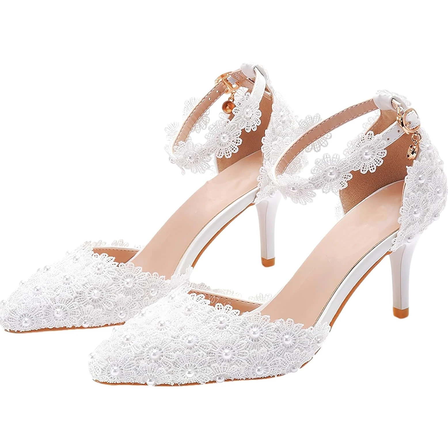 Mujer Encaje Perlas Zapatos Stilettos de Novia | Punta Puntiaguda, con Correa al Tobillo, Elegante & Delicado, para Boda, Baile de Fin de Curso y Cóctele