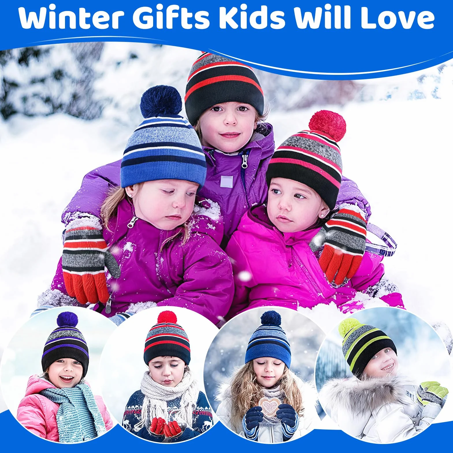 LACOFIA 3 Piezas Conjunto de Gorro Bufanda Guantes Invierno para Niños Beanie Punto con Pompon Sombrero Forro Polar Térmico para Niños 2-7 Años