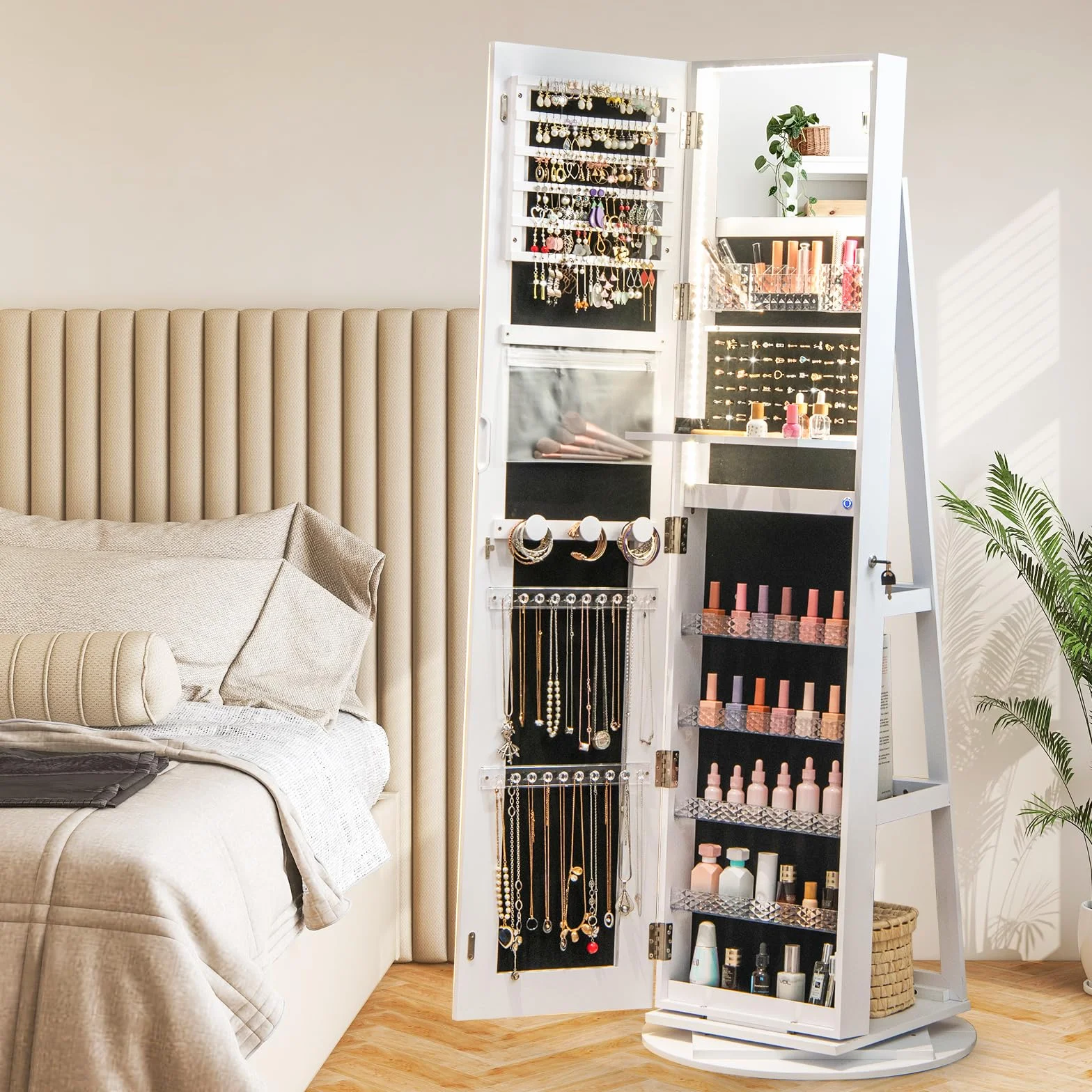RELAX4LIFE Armario Joyero con Base Giratoria 360°y Espejo Cuerpo Entero, Espejo Joyero de Pie con Luces LED Luminosas, Organizador para Joyas y Accesorios (Blanco, 54,5x54,5x160 cm)