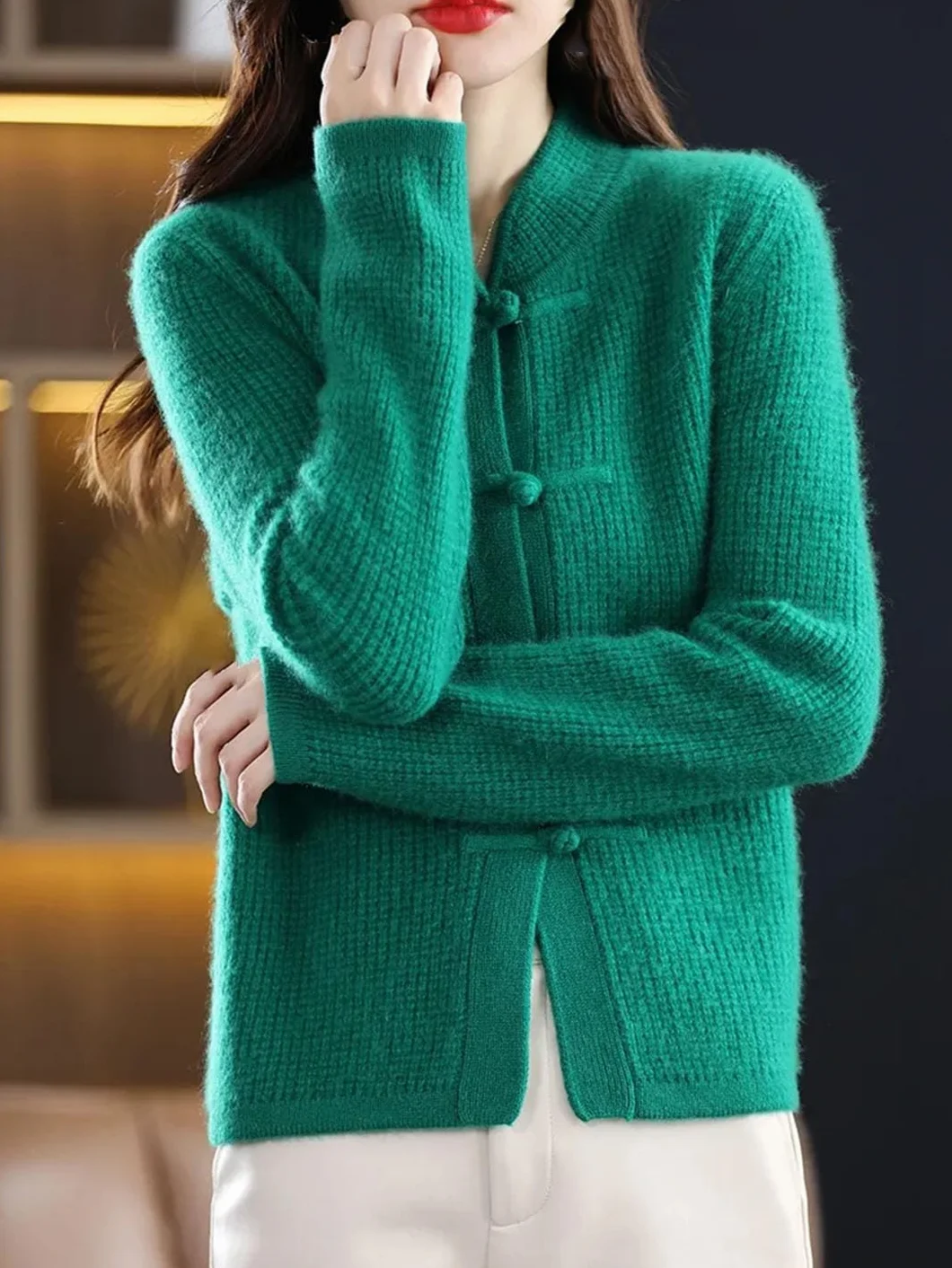 Alloaone Cárdigan de Lana para Mujer Chaqueta de Cachemira Tejida con Cuello Alto